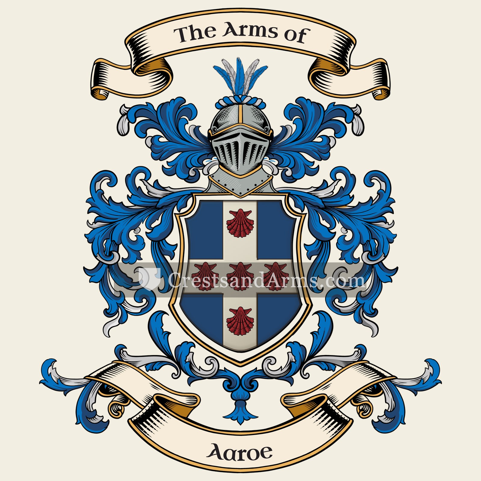 The Aaroe coat of arms, drawn from the recorded blazon