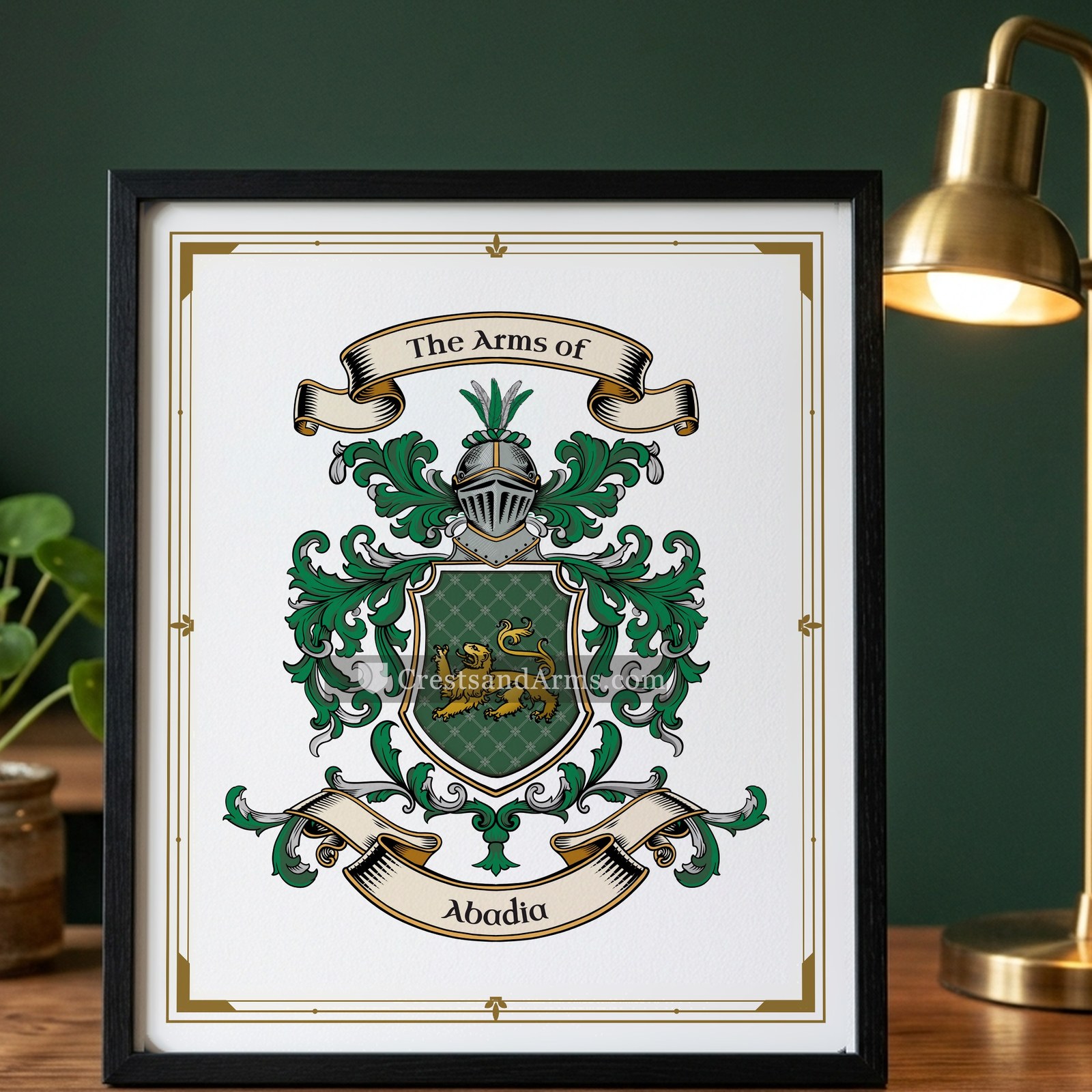 The Abadia arms on the framed, black wood