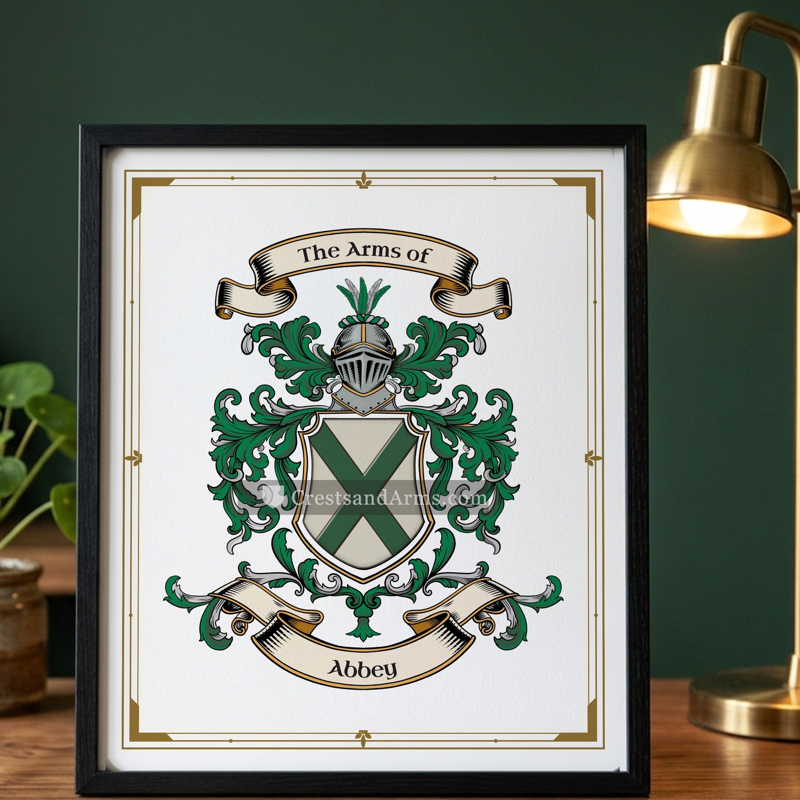 The Abbey arms on the framed, black wood
