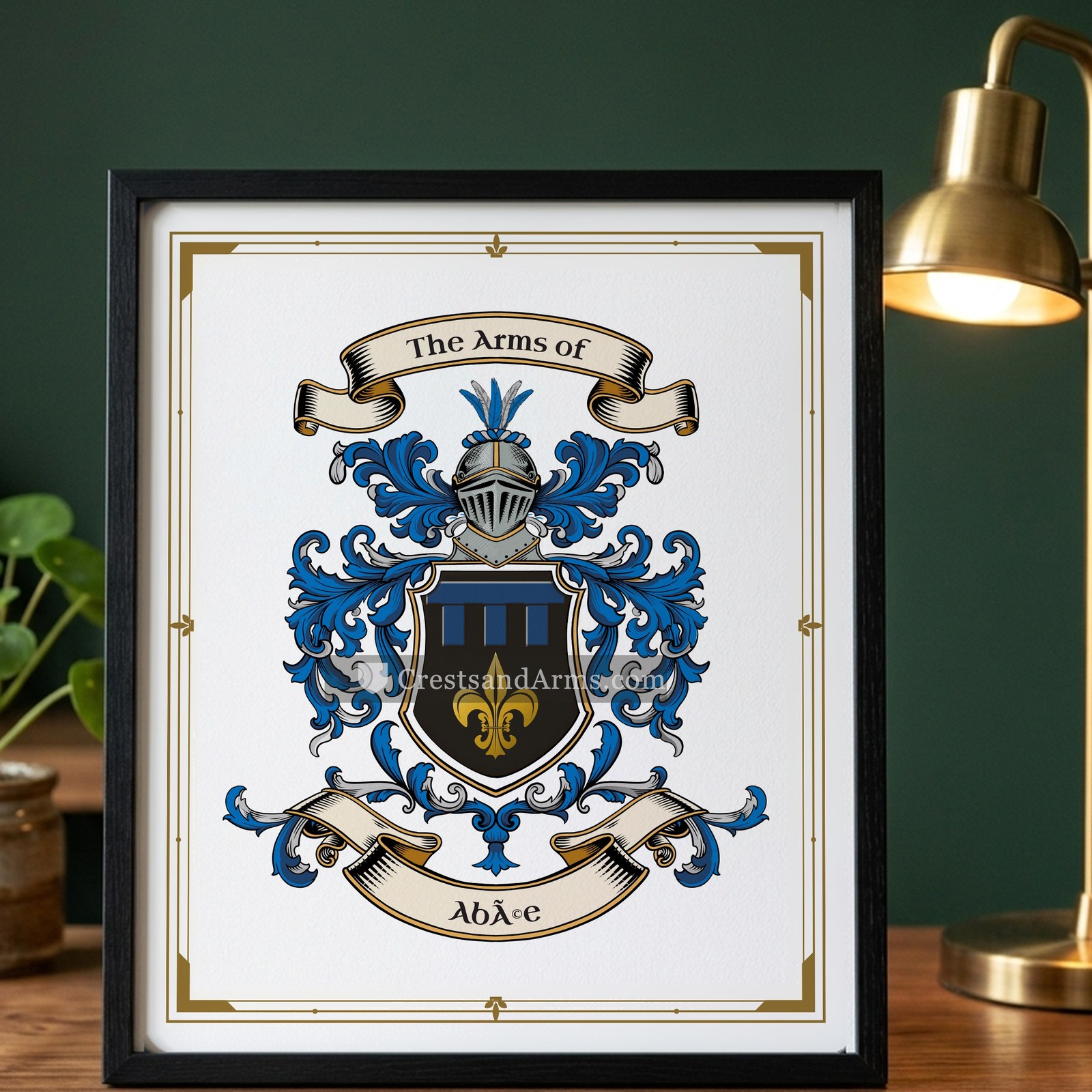 The Abée arms on the framed, black wood