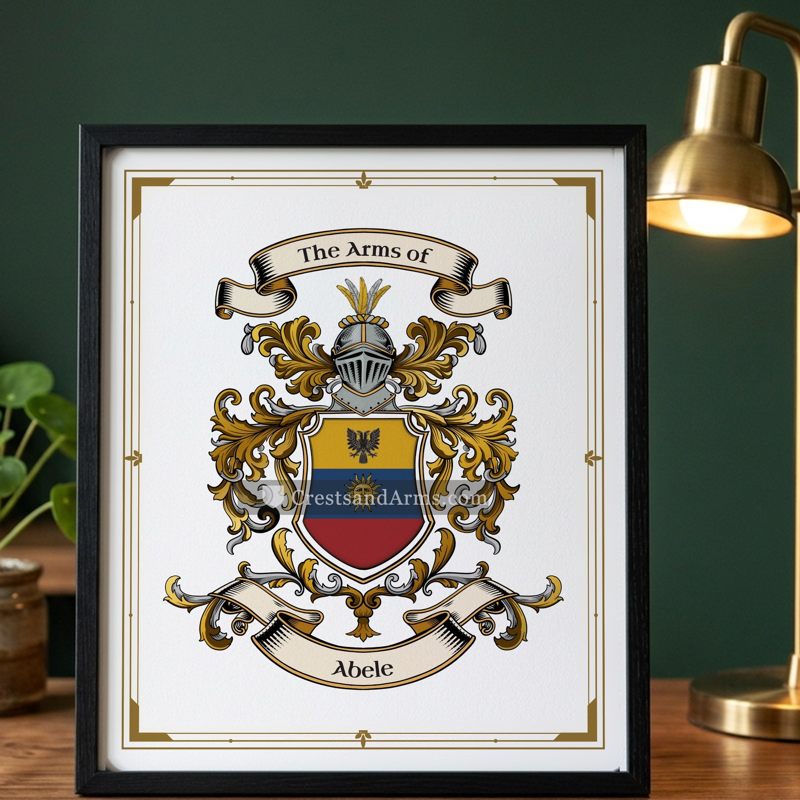 The Abele arms on the framed, black wood