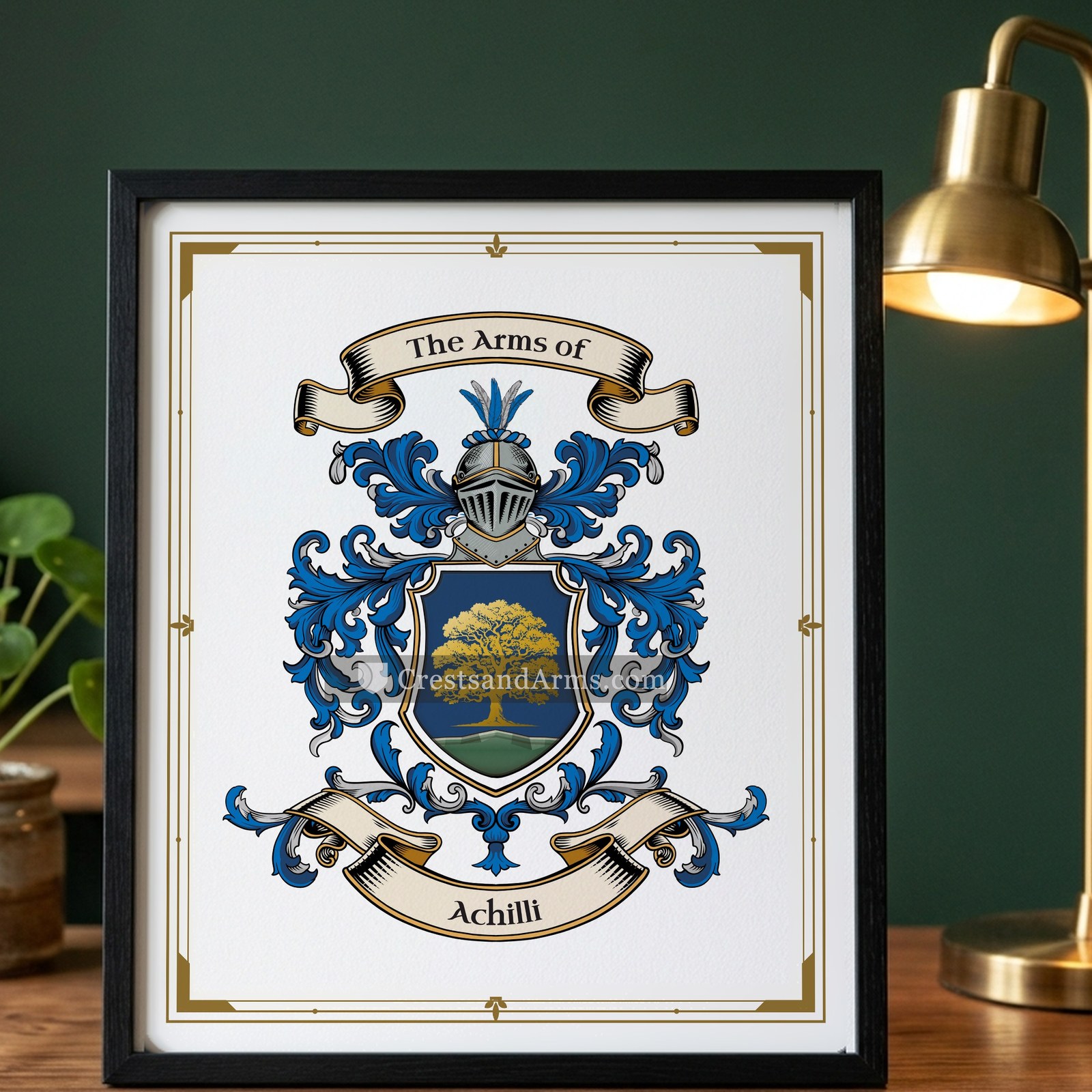 The Achilli arms on the framed, black wood