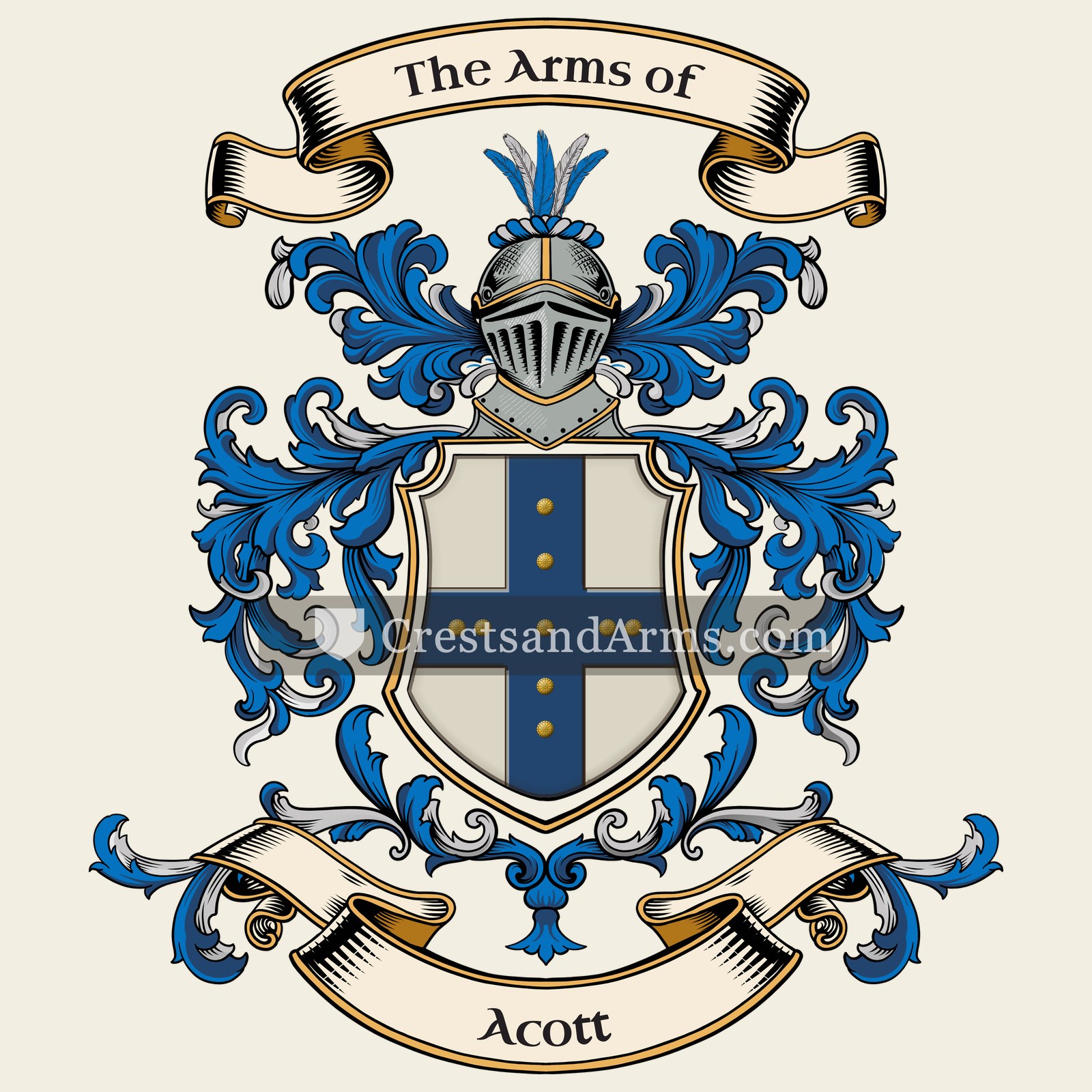 The Acott coat of arms, drawn from the recorded blazon