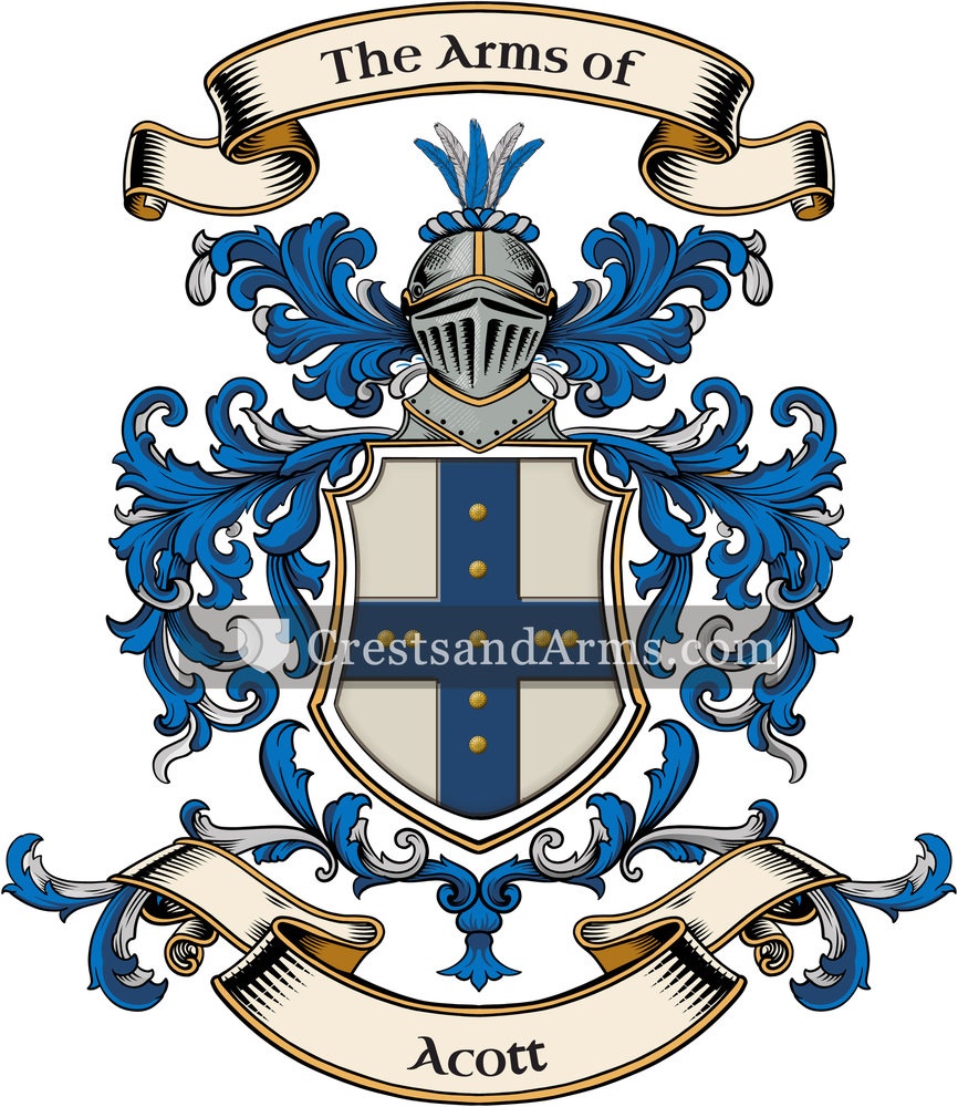 The Acott coat of arms, drawn from the recorded blazon