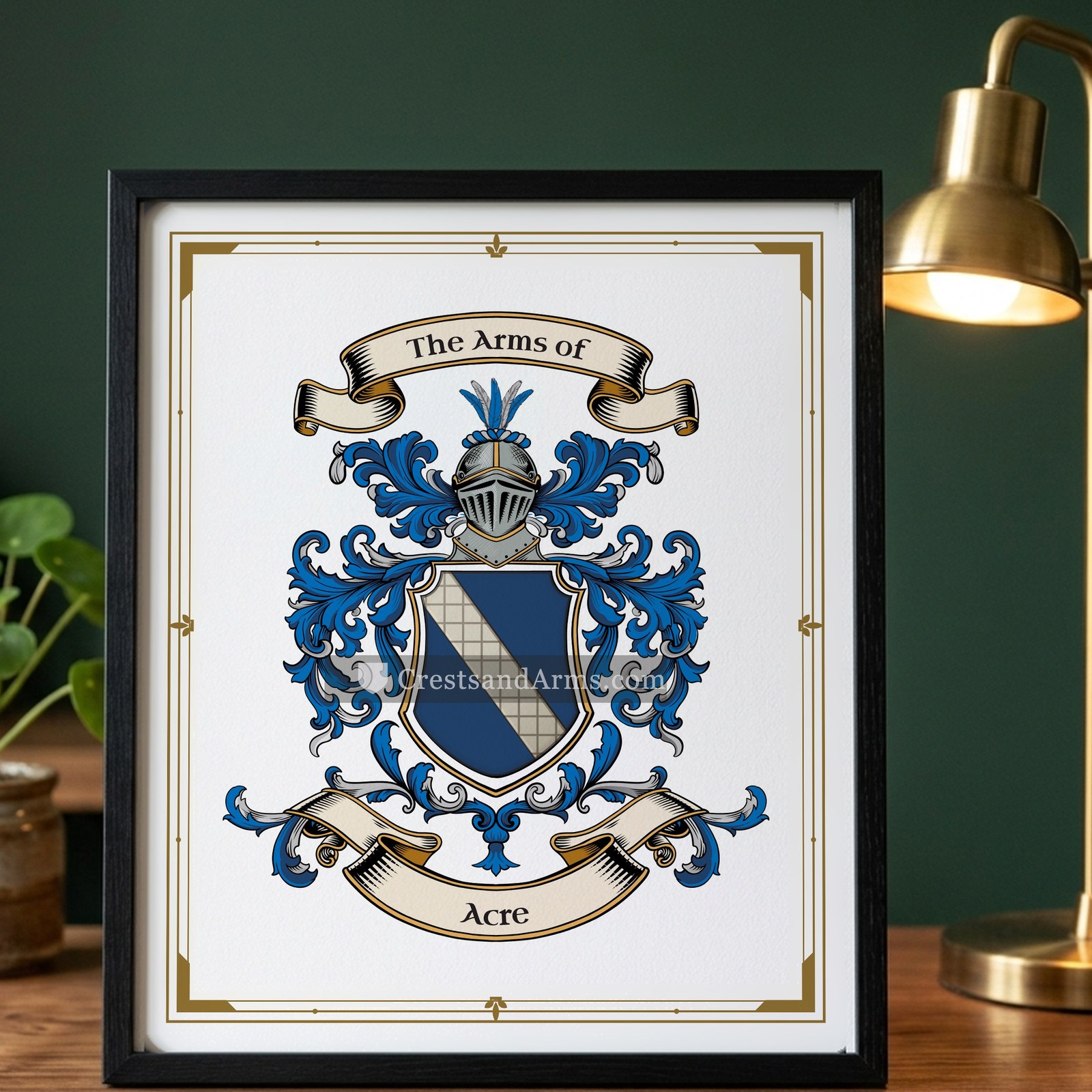 The Acre arms on the framed, black wood