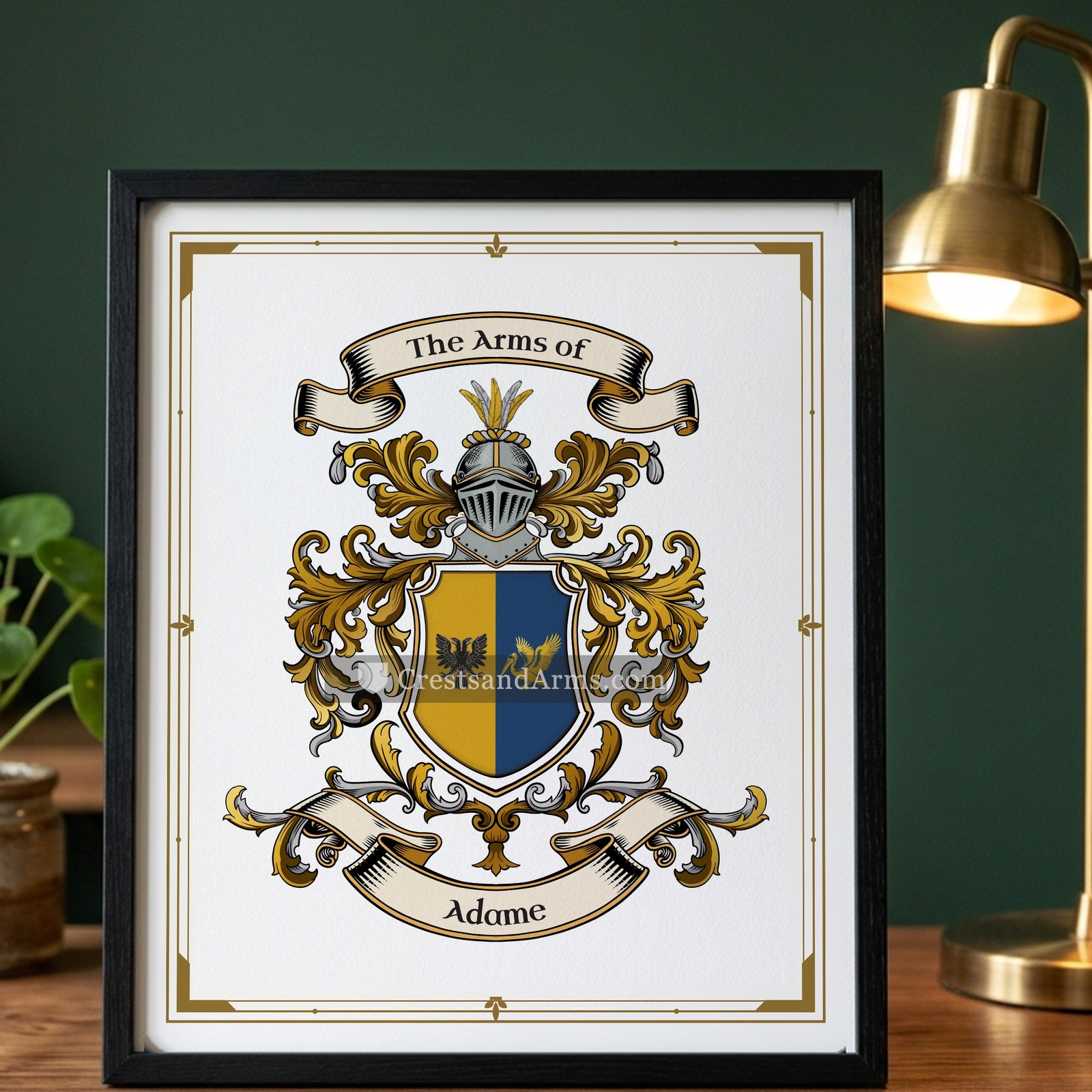 The Adame arms on the framed, black wood