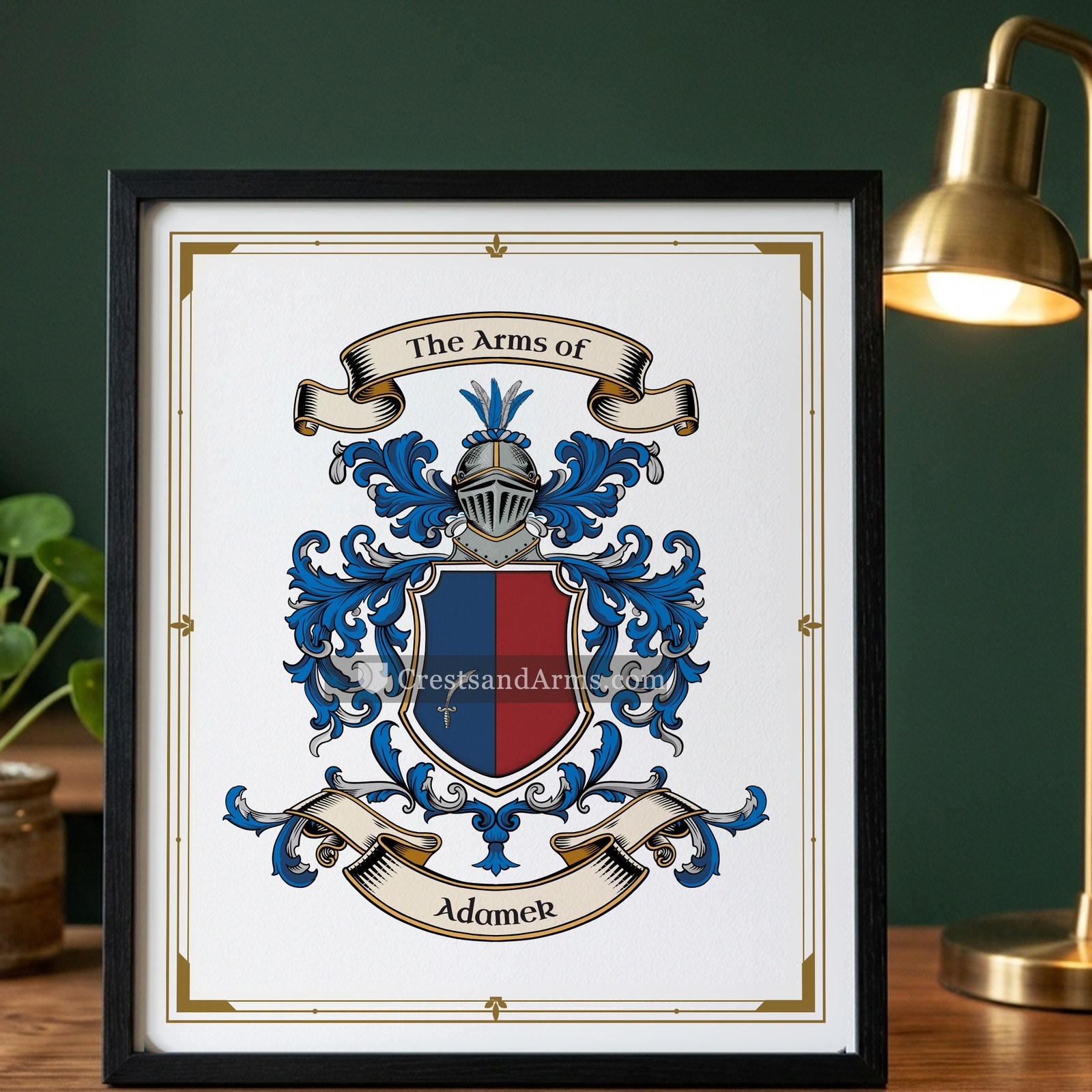 The Adamek arms on the framed, black wood