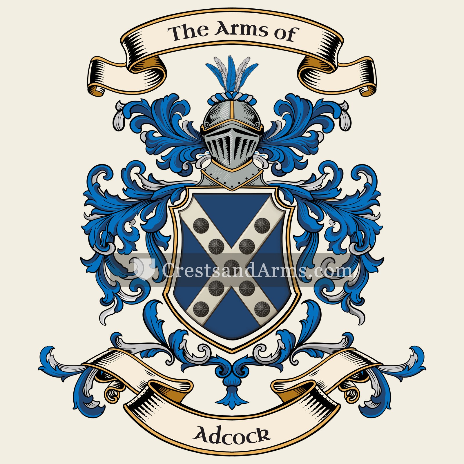 The Adcock coat of arms, drawn from the recorded blazon