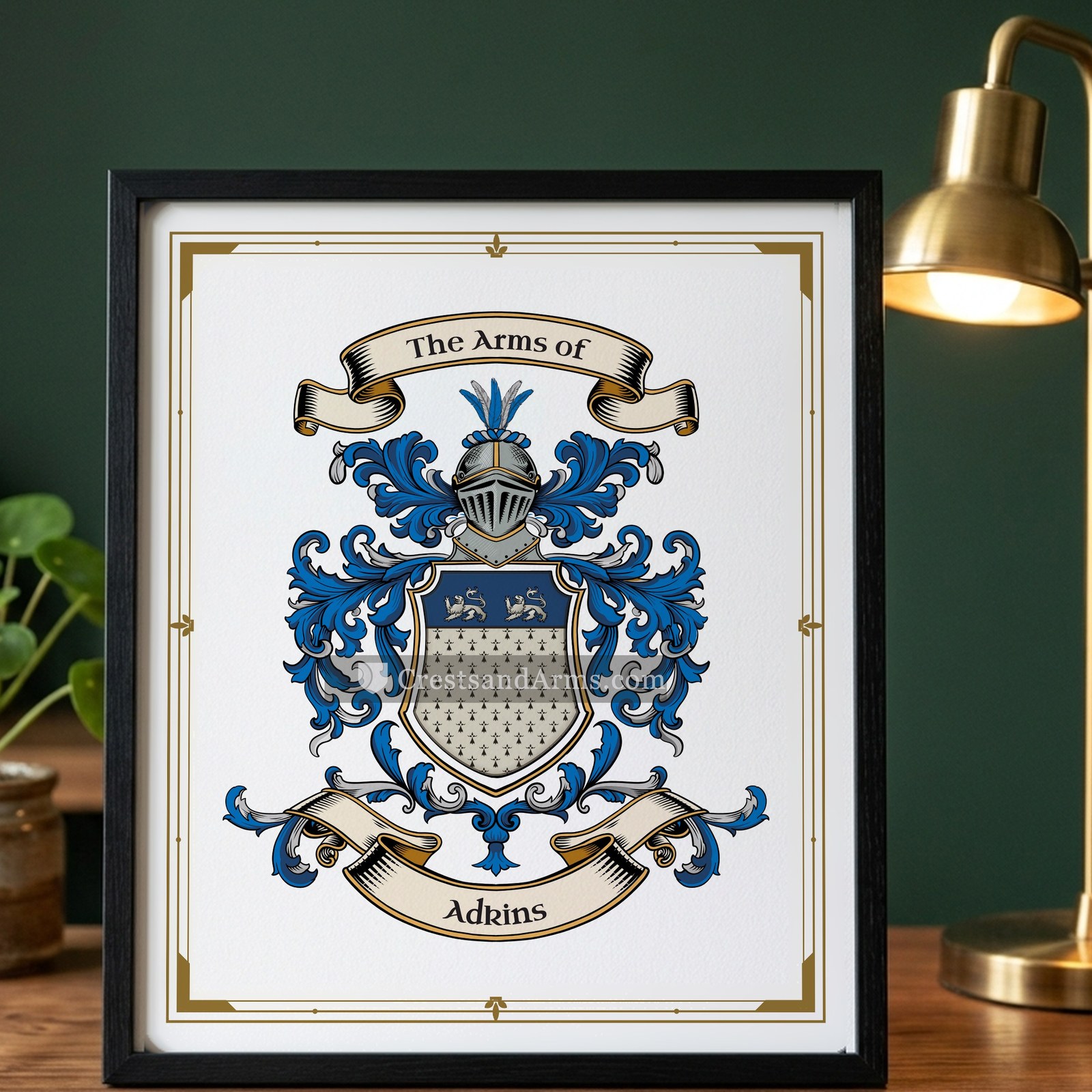 The Adkins arms on the framed, black wood