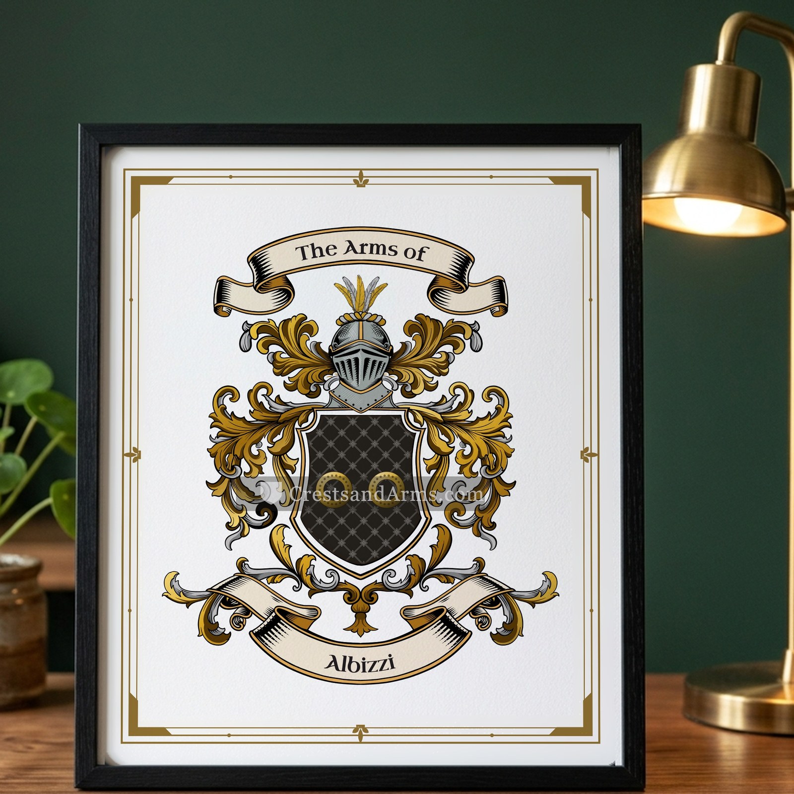 The Albizzi arms on the framed, black wood