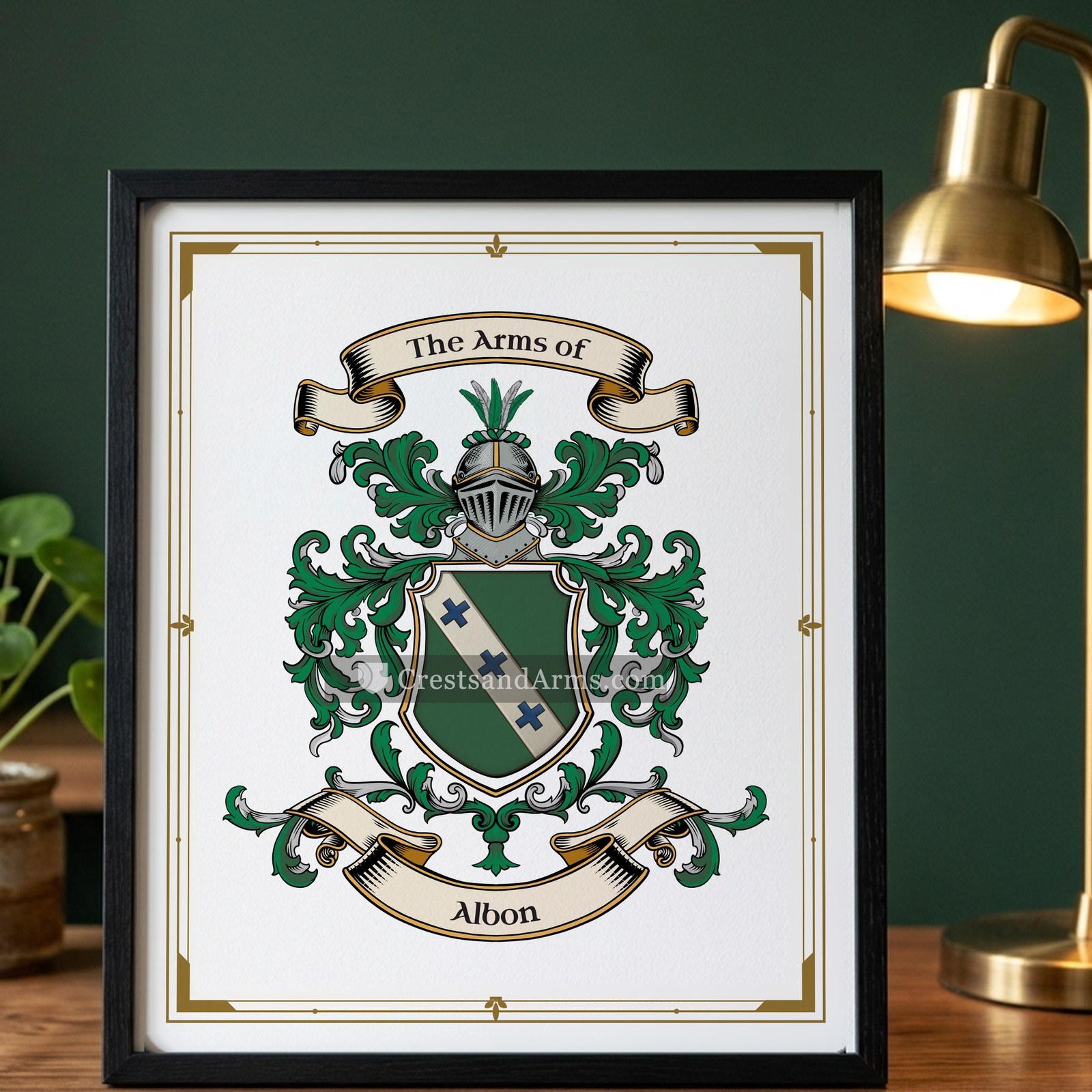The Albon arms on the framed, black wood