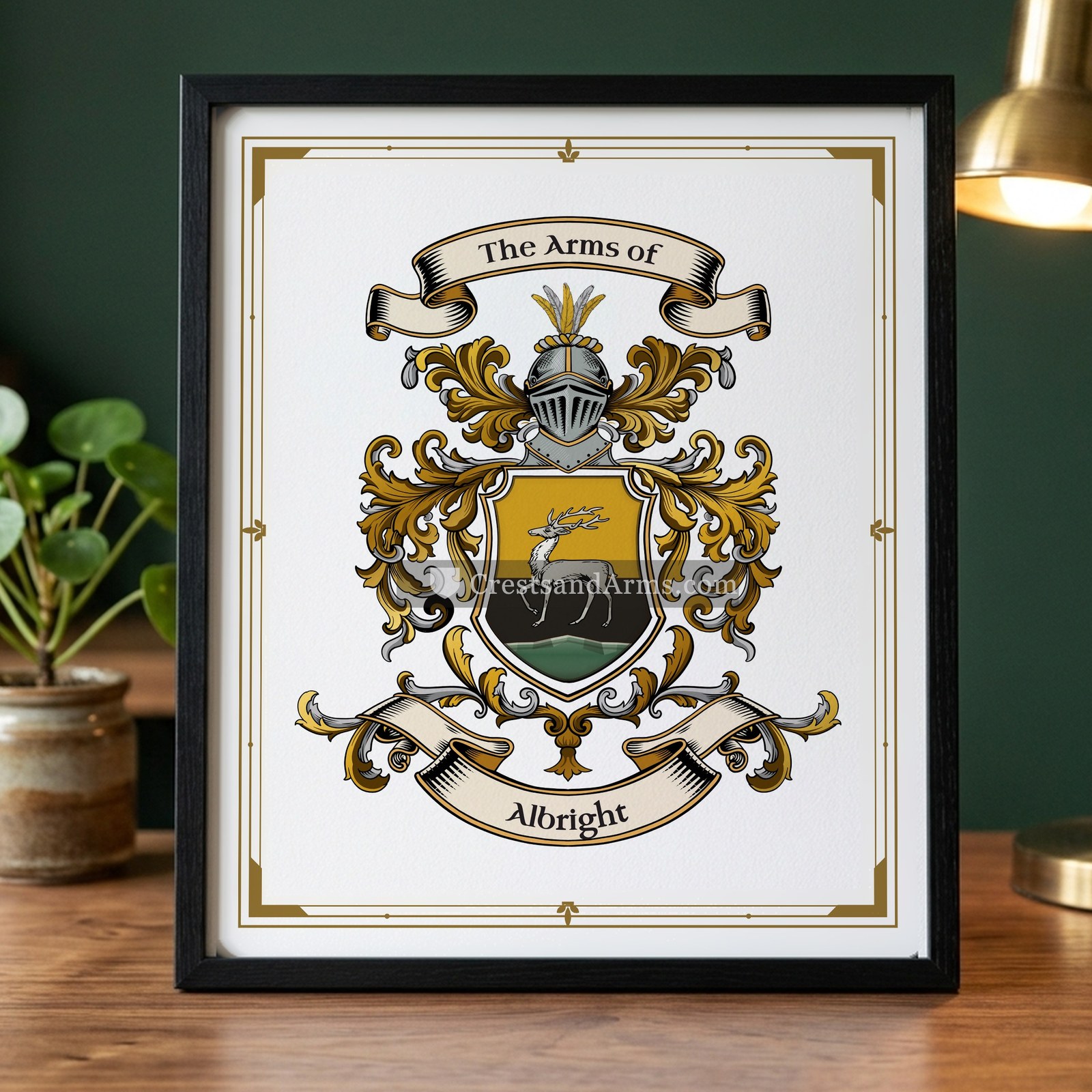 The Albright arms on the framed, black wood