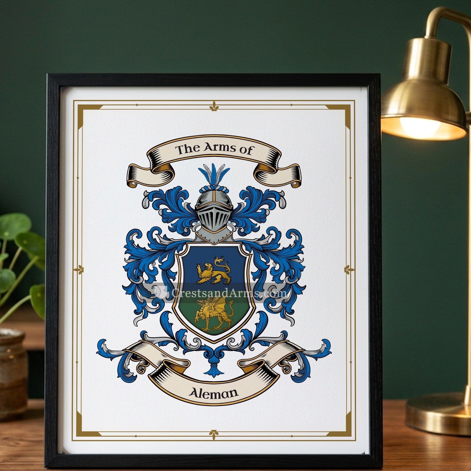 The Aleman arms on the framed, black wood