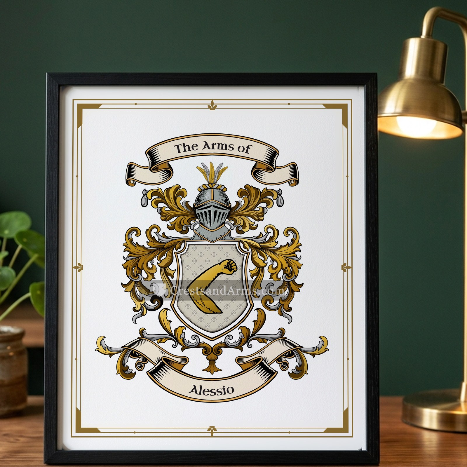 The Alessio arms on the framed, black wood