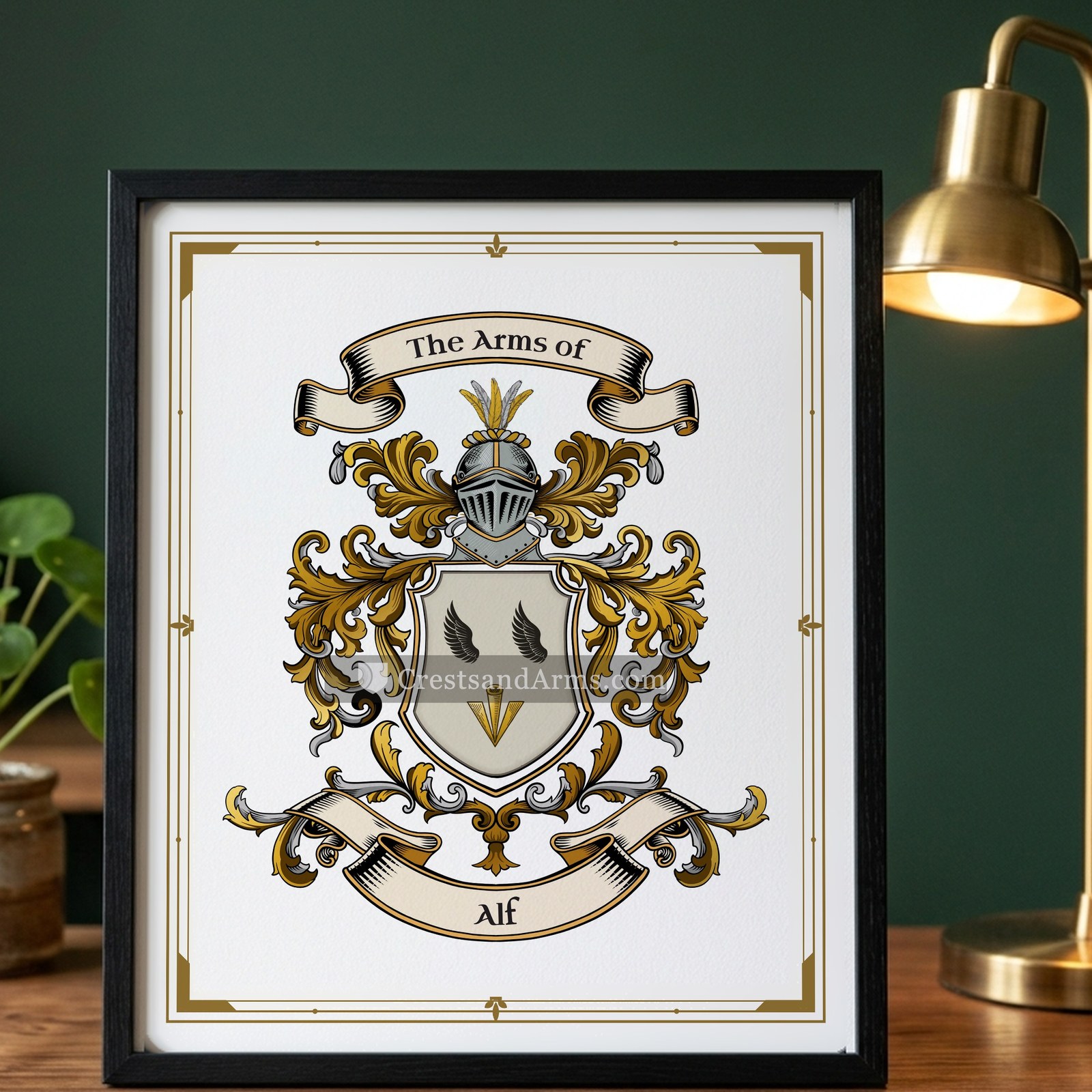 The Alf arms on the framed, black wood