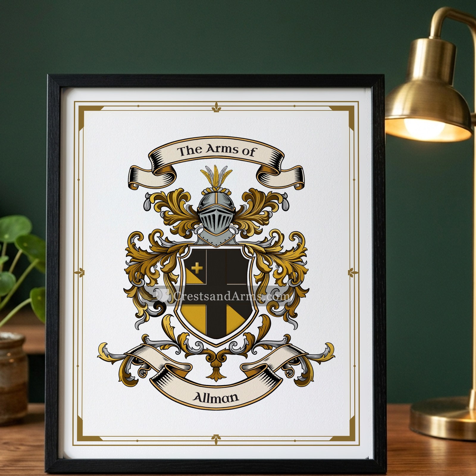 The Allman arms on the framed, black wood