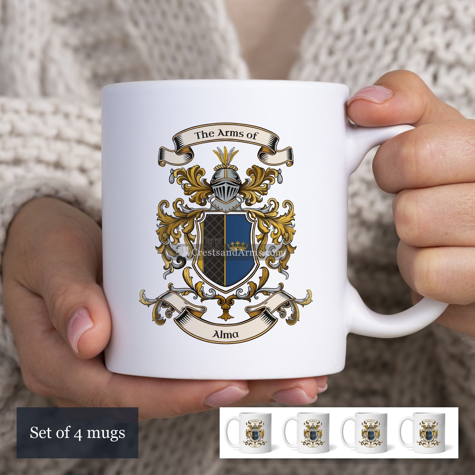 The Alma arms on the set of 4 mugs