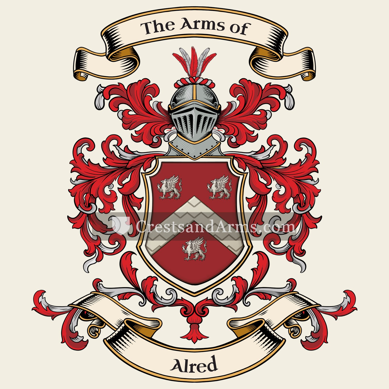 The Alred coat of arms, drawn from the recorded blazon