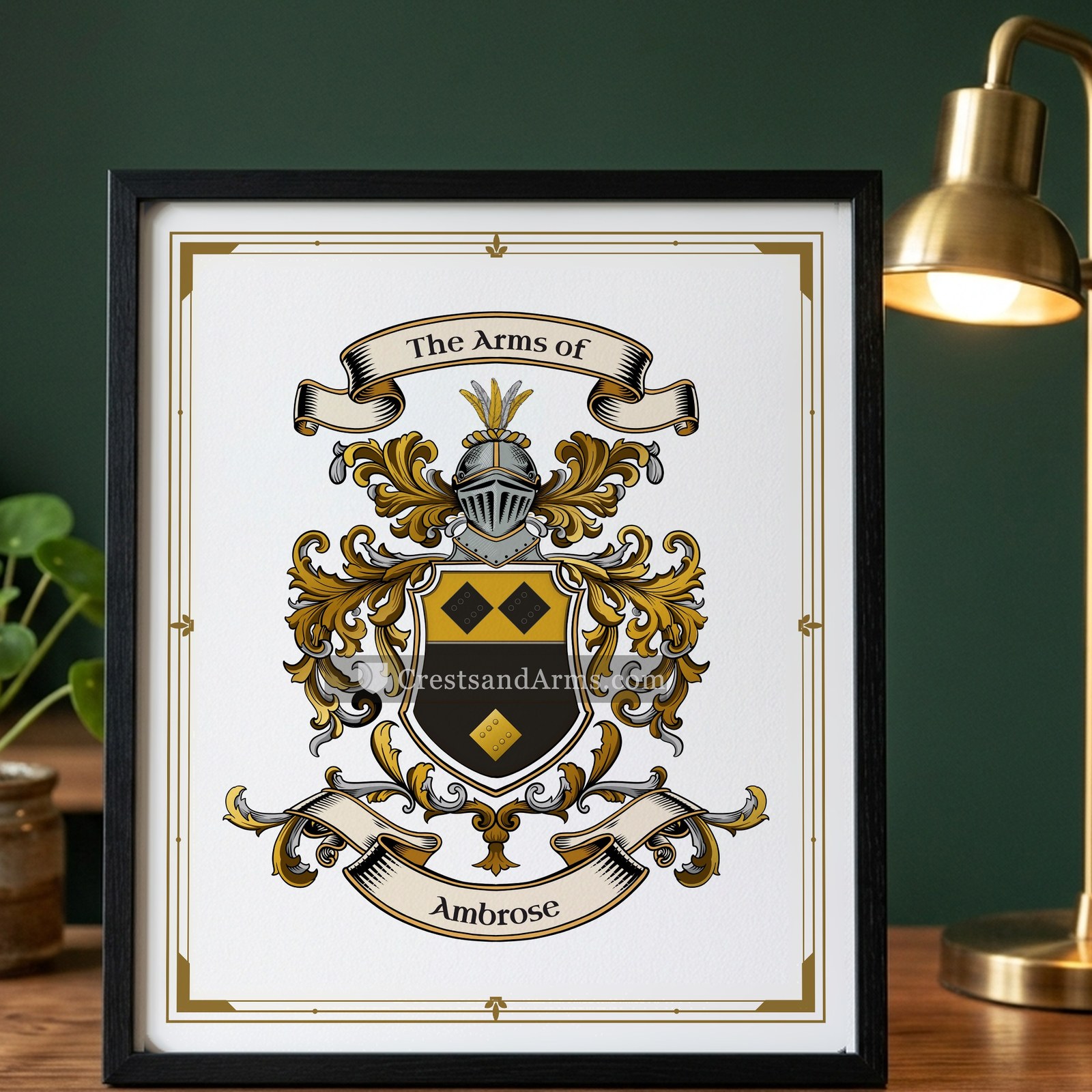 The Ambrose arms on the framed, black wood