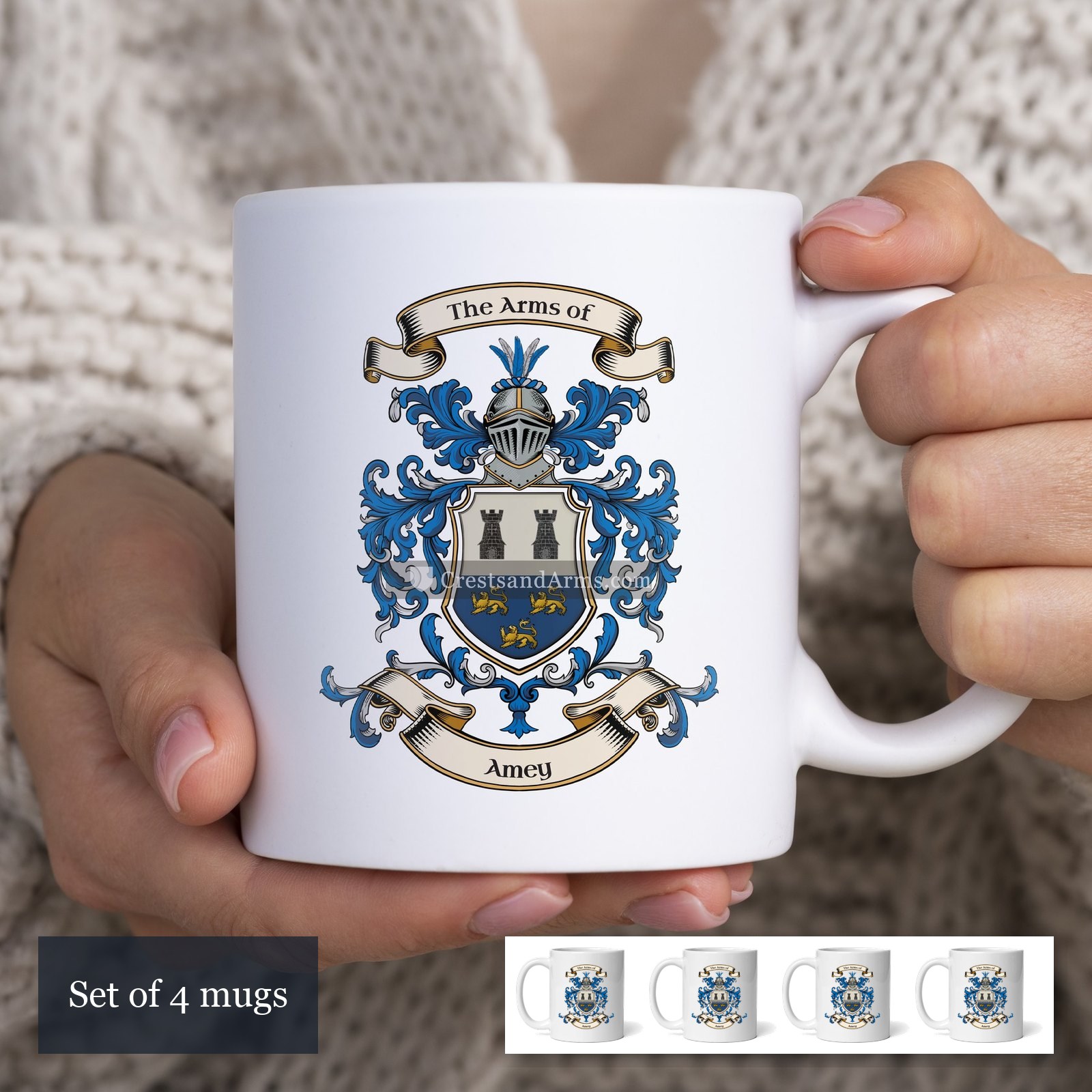 The Amey arms on the set of 4 mugs