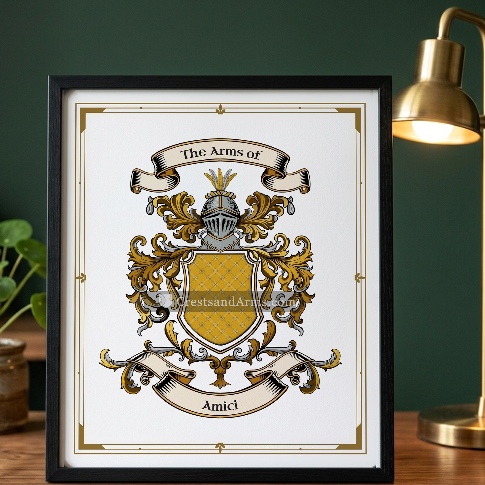 The Amici arms on the framed, black wood