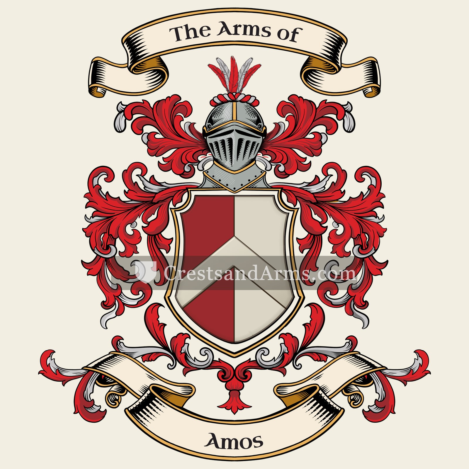 The Amos coat of arms, drawn from the recorded blazon