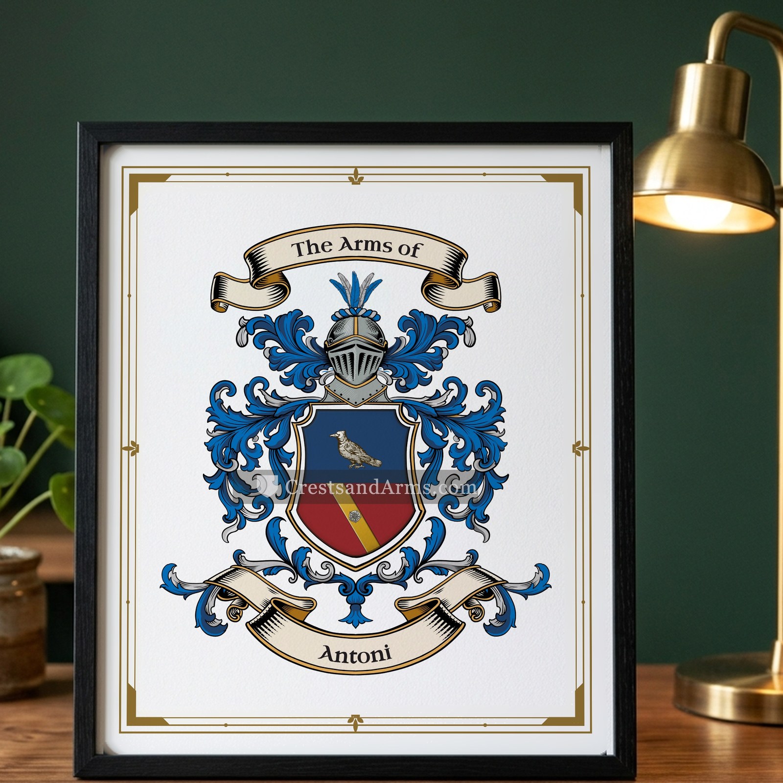 The Antoni arms on the framed, black wood
