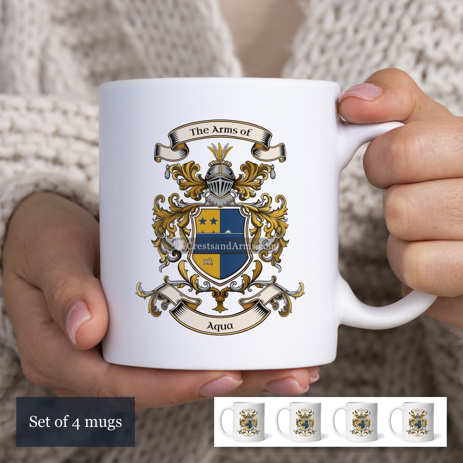 The Aqua arms on the set of 4 mugs