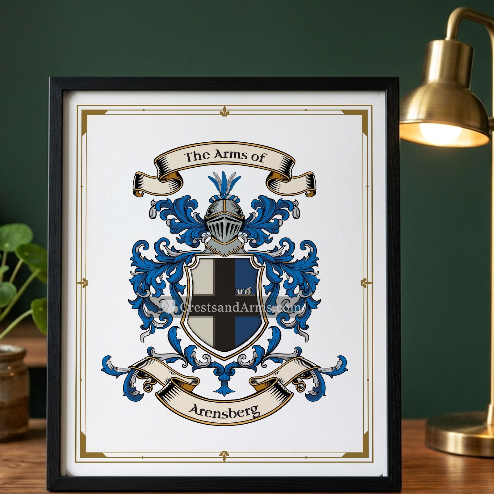 The Arensberg arms on the framed, black wood
