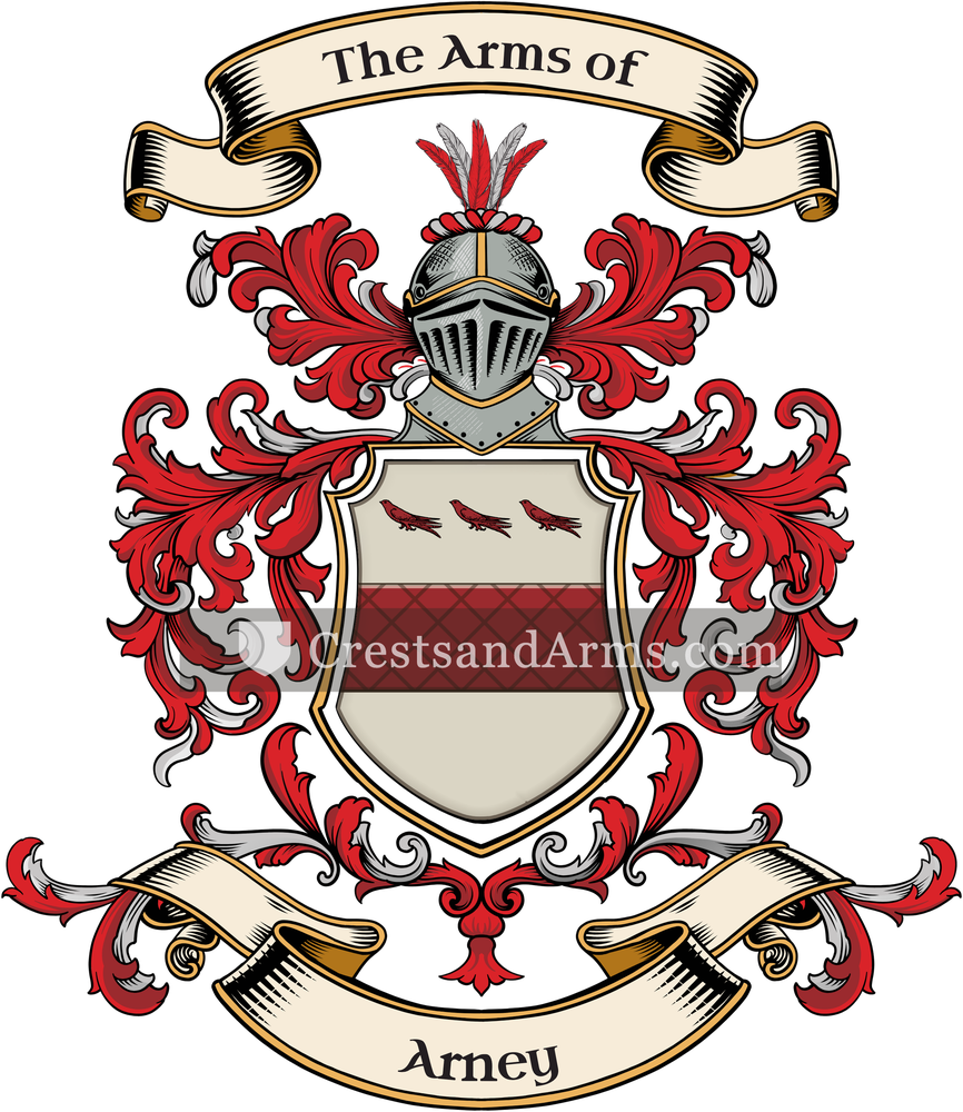 The Arney coat of arms, drawn from the recorded blazon