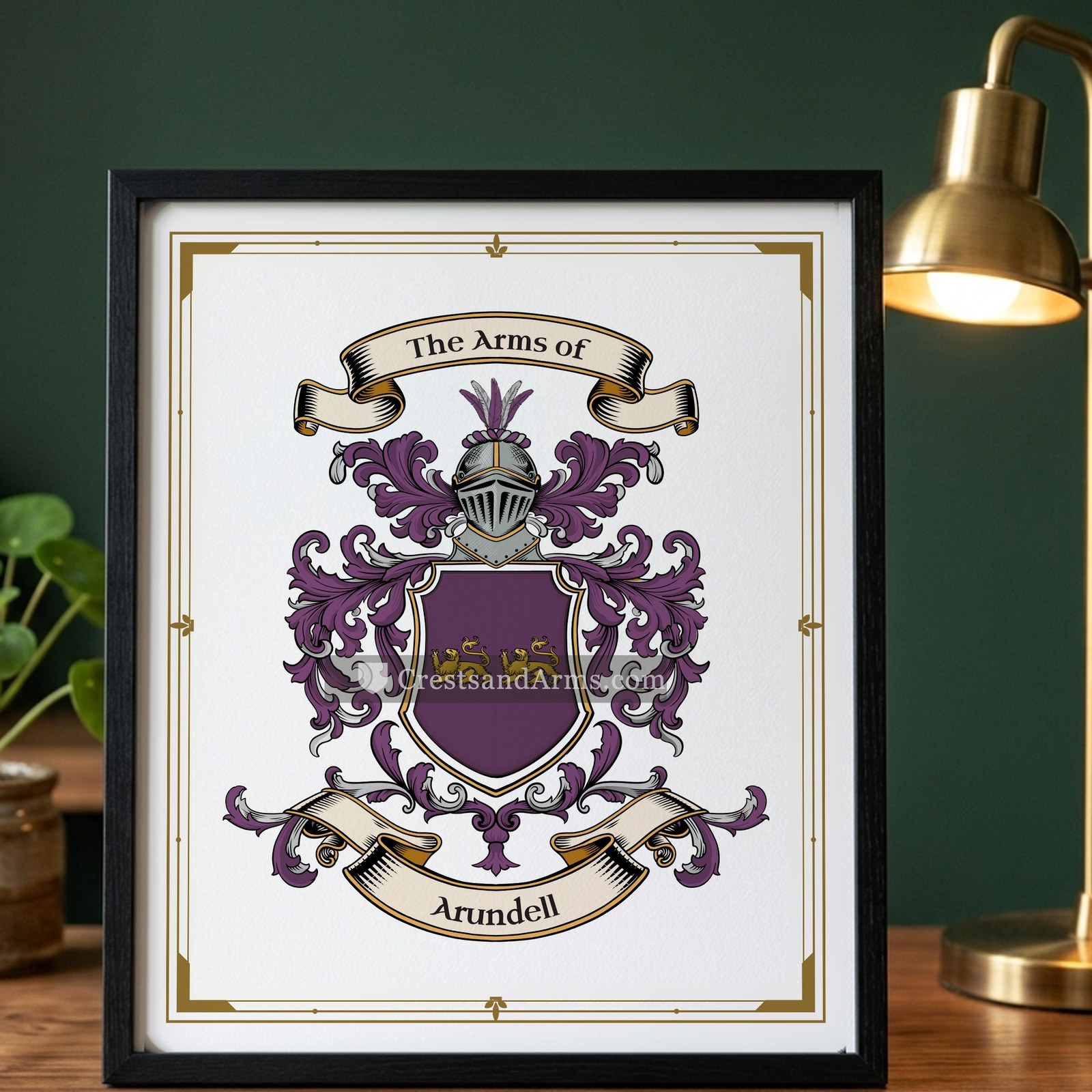 The Arundell arms on the framed, black wood