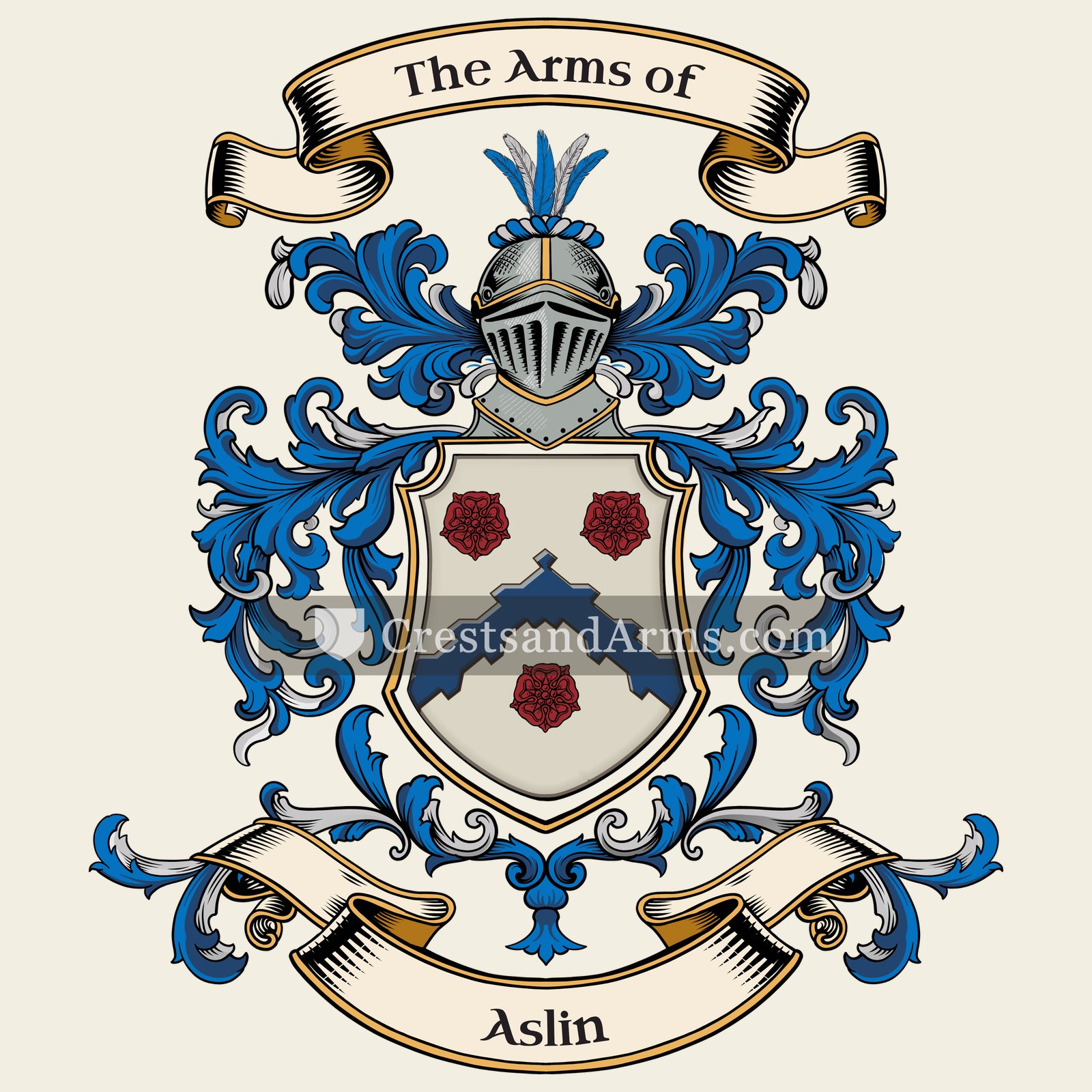The Aslin coat of arms, drawn from the recorded blazon