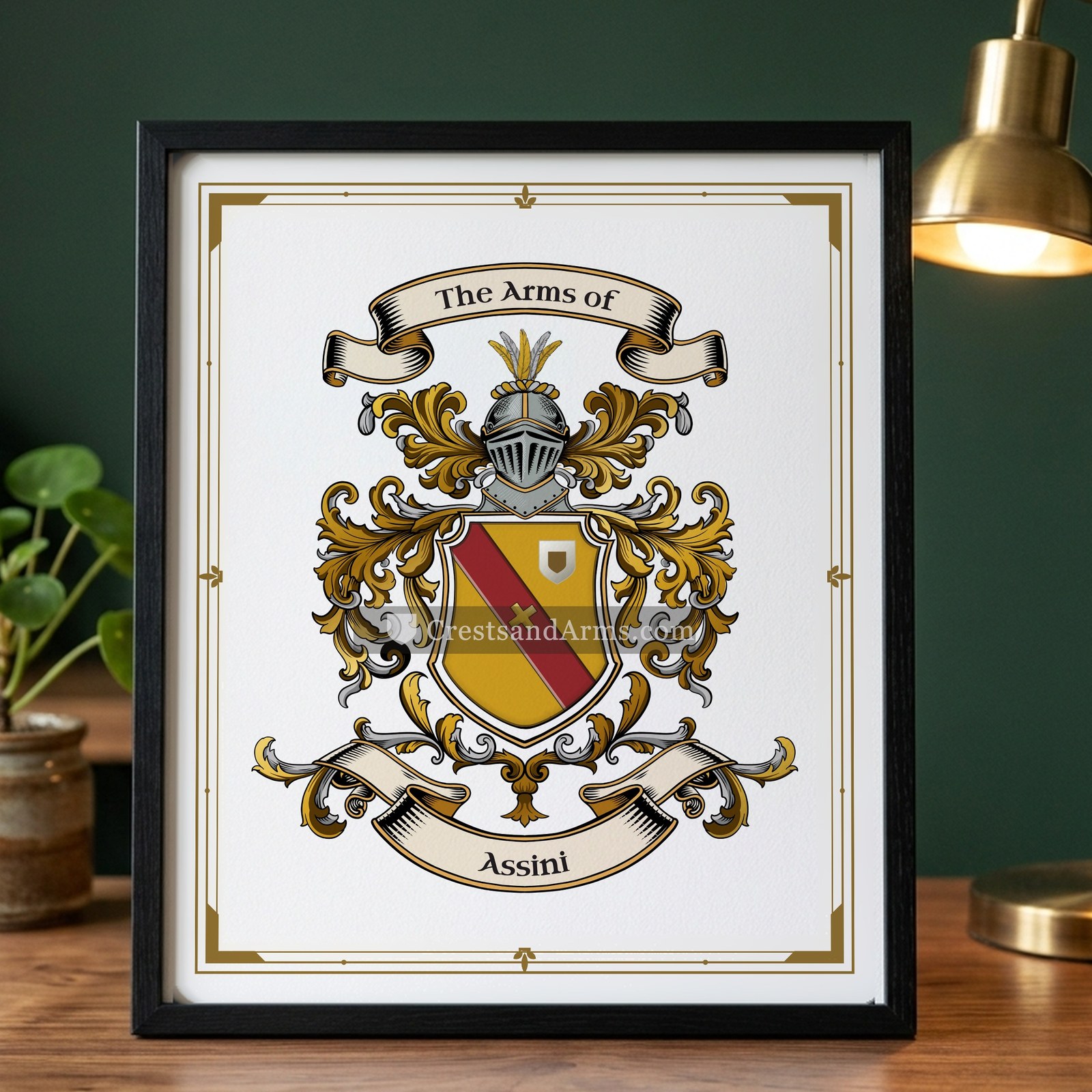 The Assini arms on the framed, black wood