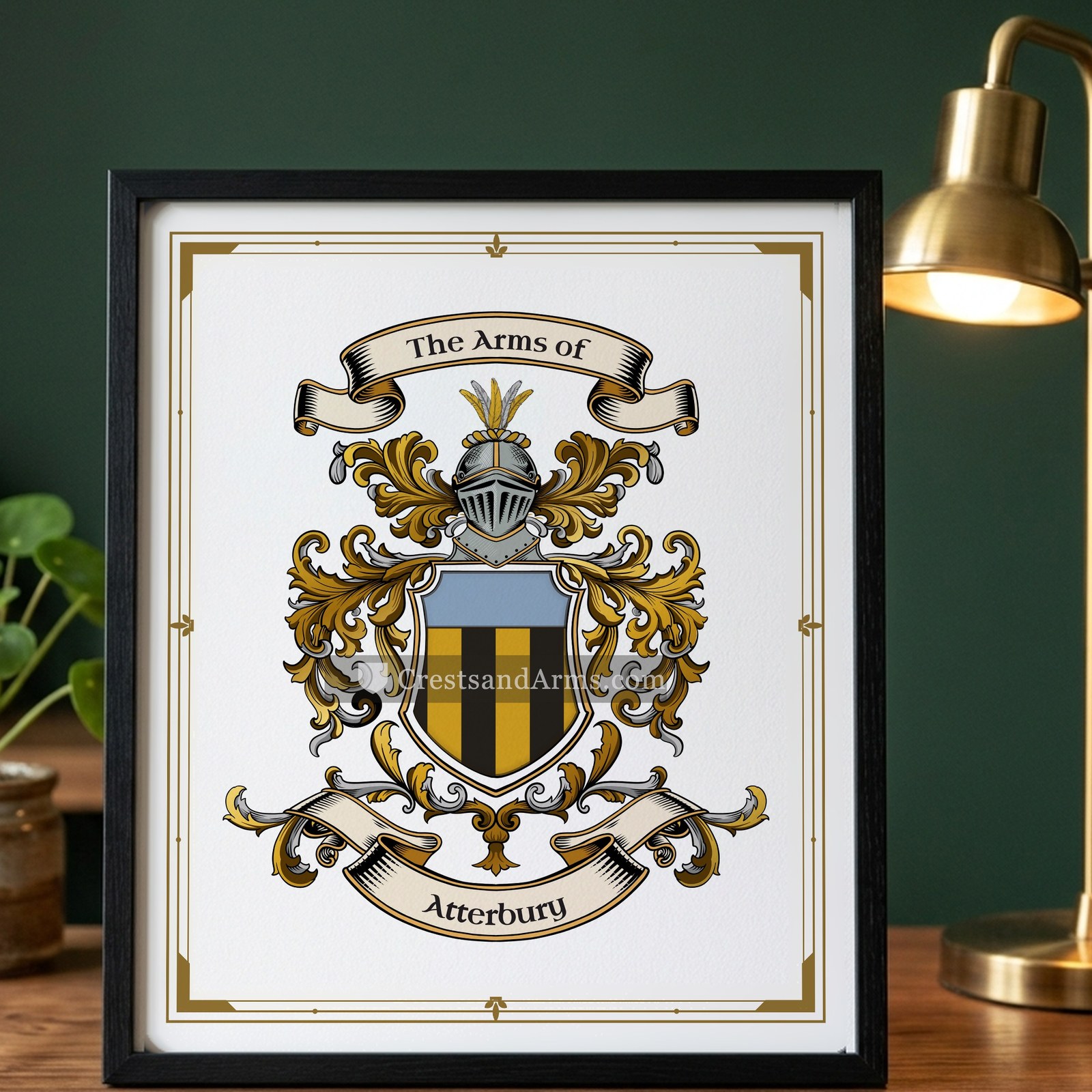 The Atterbury arms on the framed, black wood
