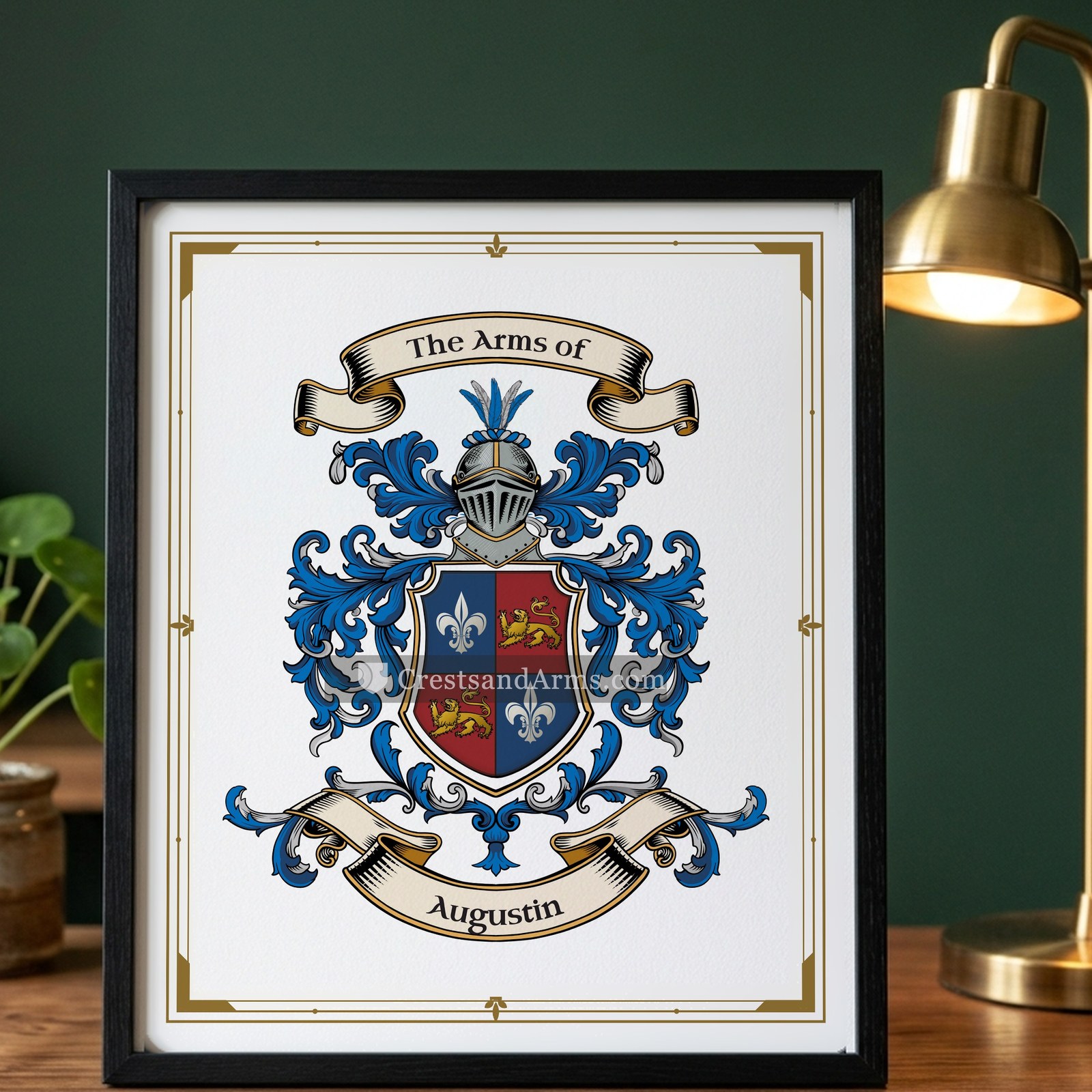 The Augustin arms on the framed, black wood