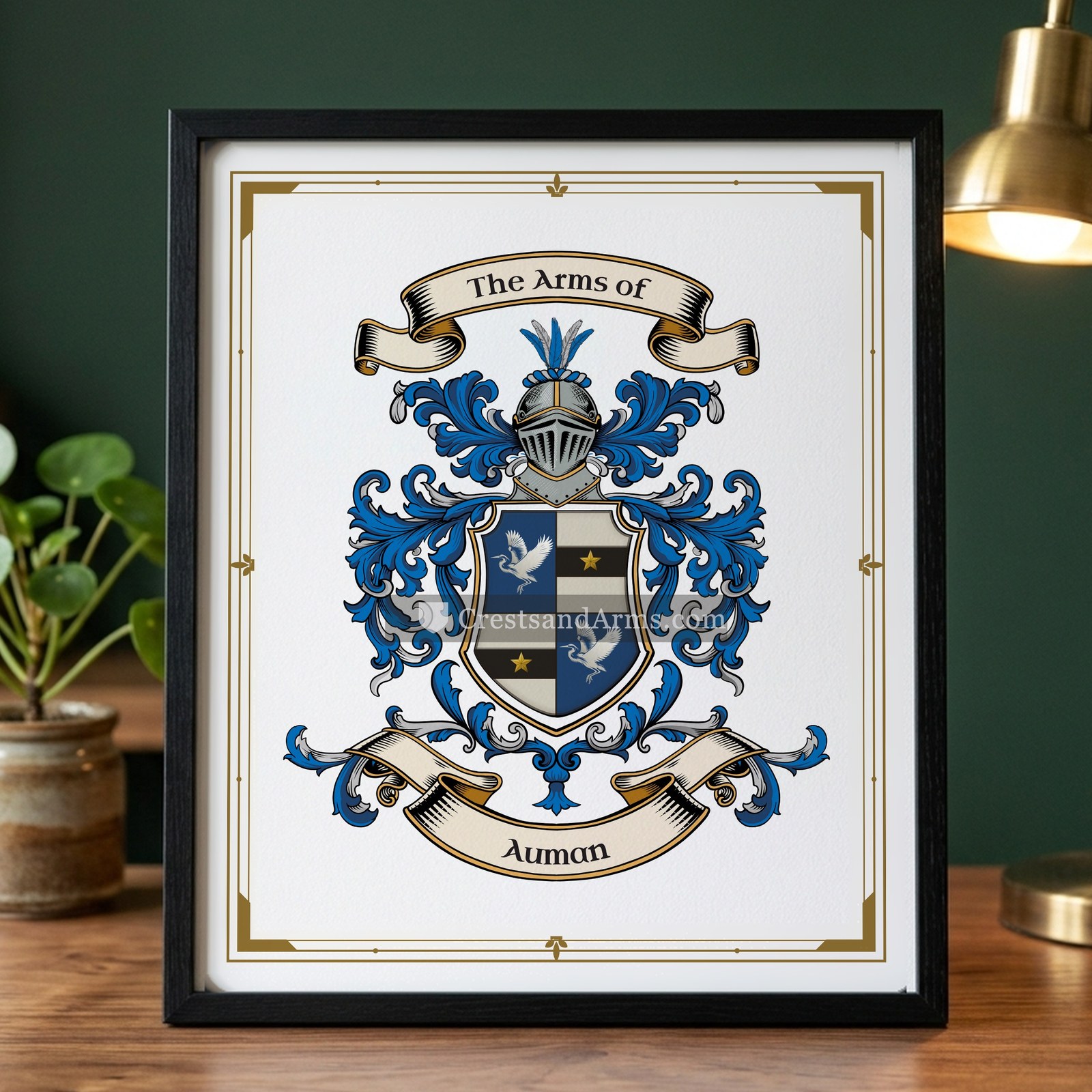 The Auman arms on the framed, black wood