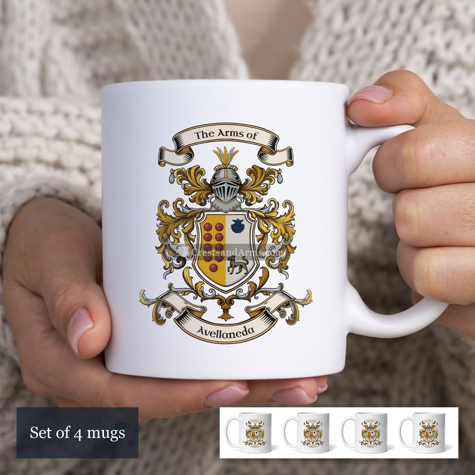 The Avellaneda arms on the set of 4 mugs