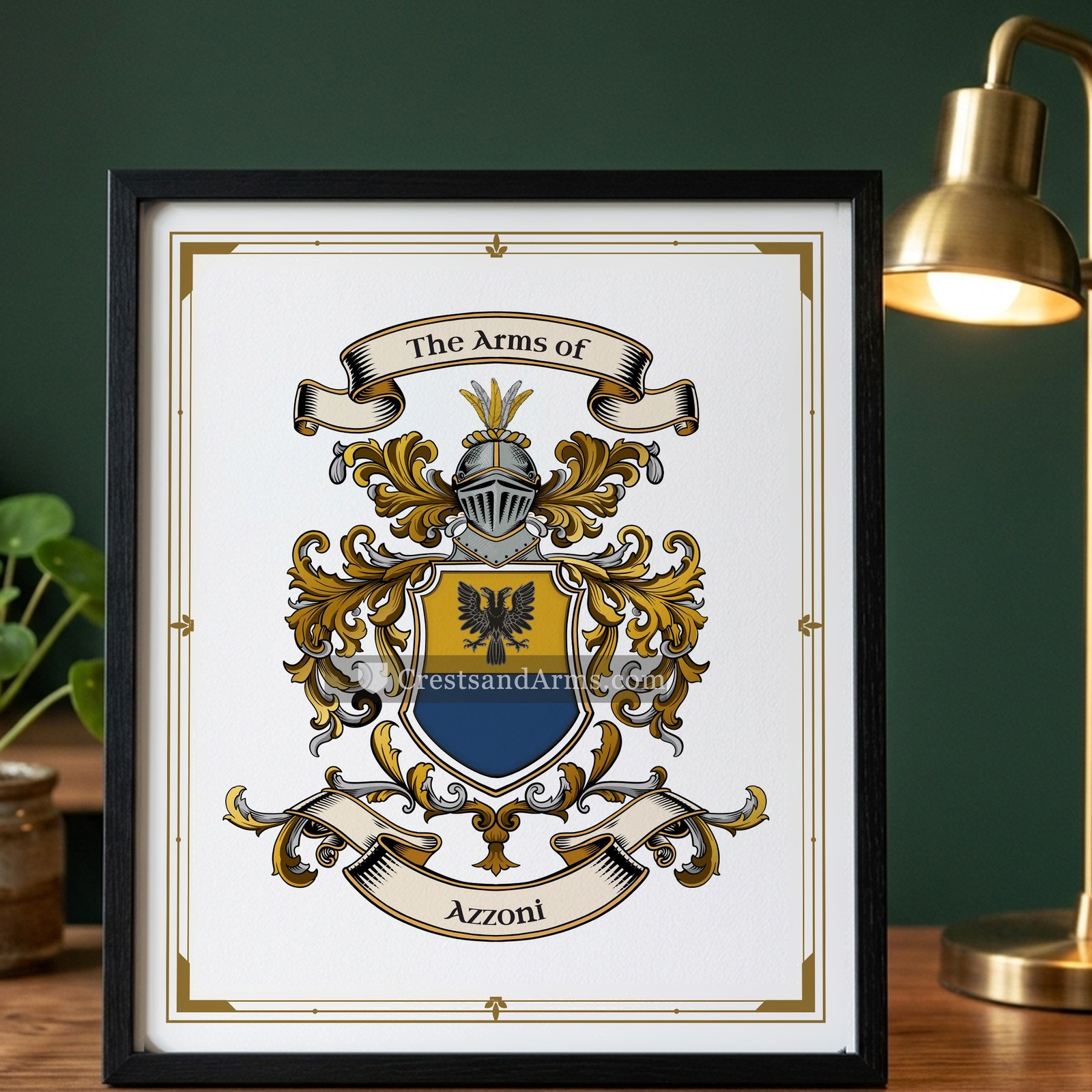 The Azzoni arms on the framed, black wood