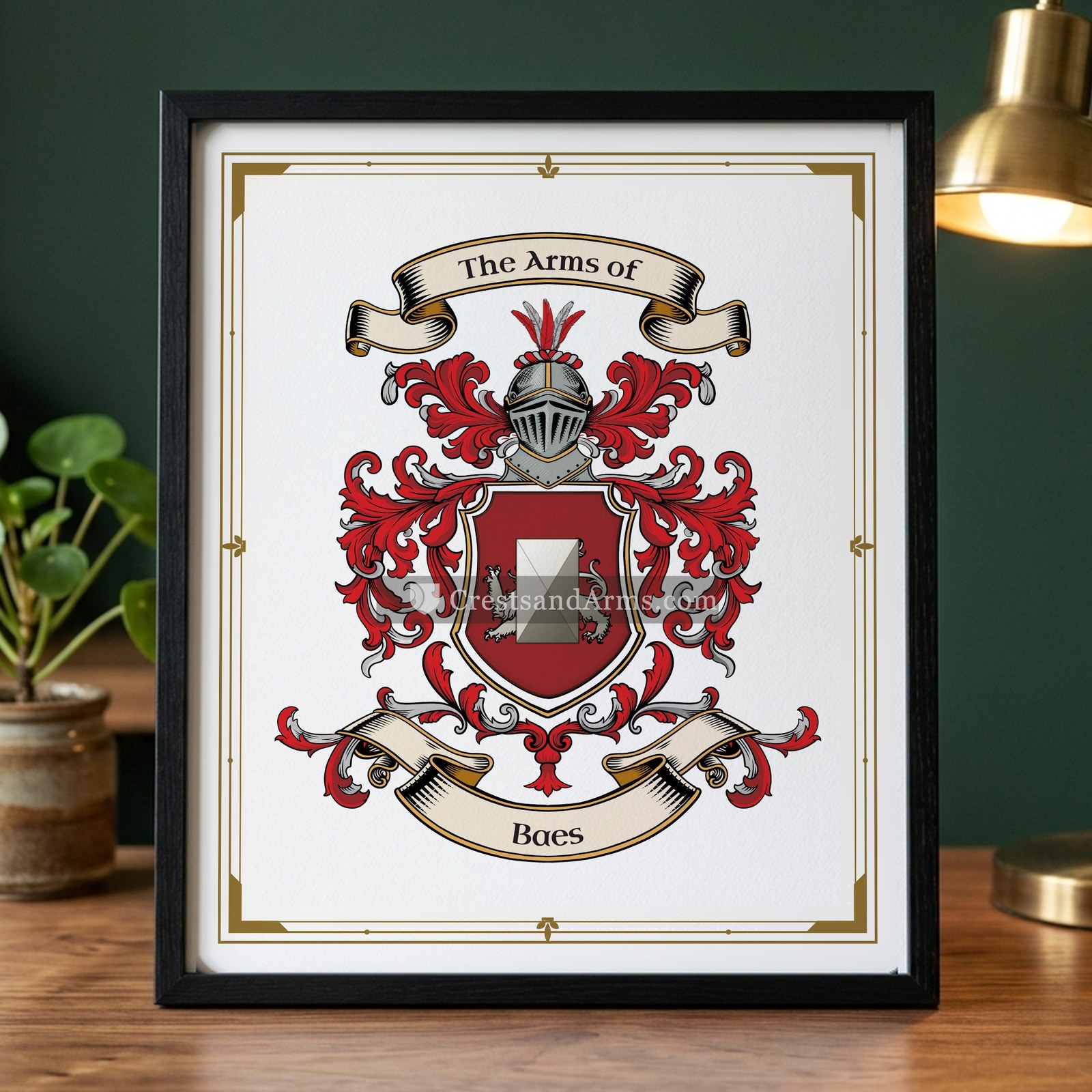 The Baes arms on the framed, black wood