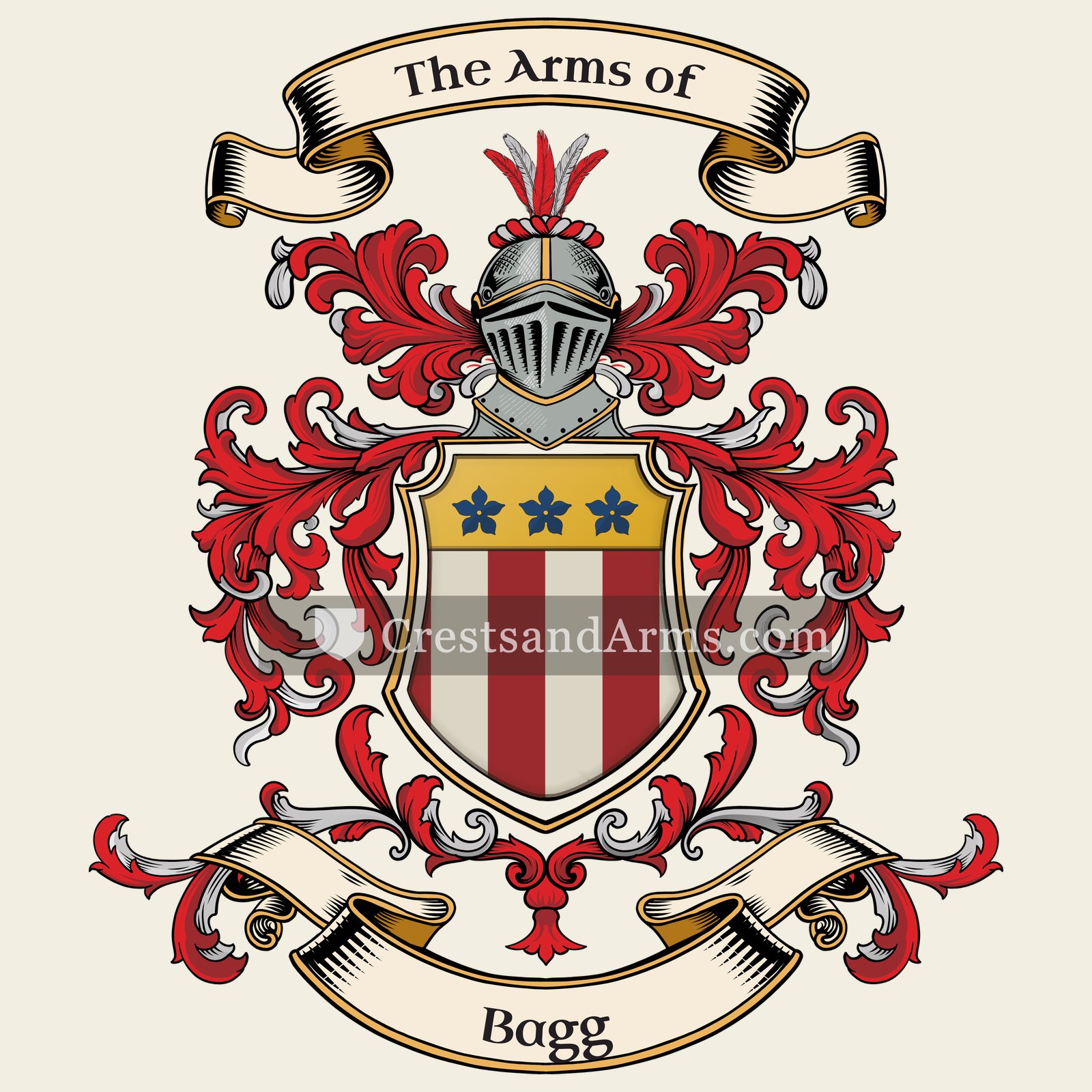 The Bagg coat of arms, drawn from the recorded blazon