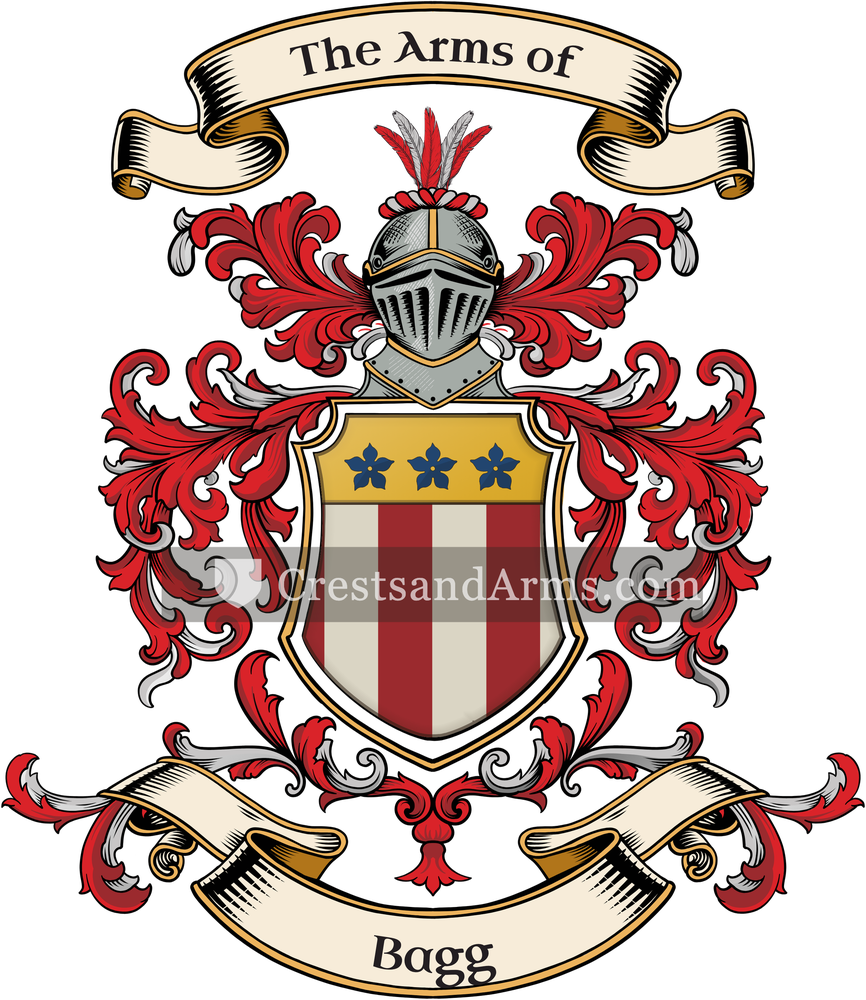 The Bagg coat of arms, drawn from the recorded blazon