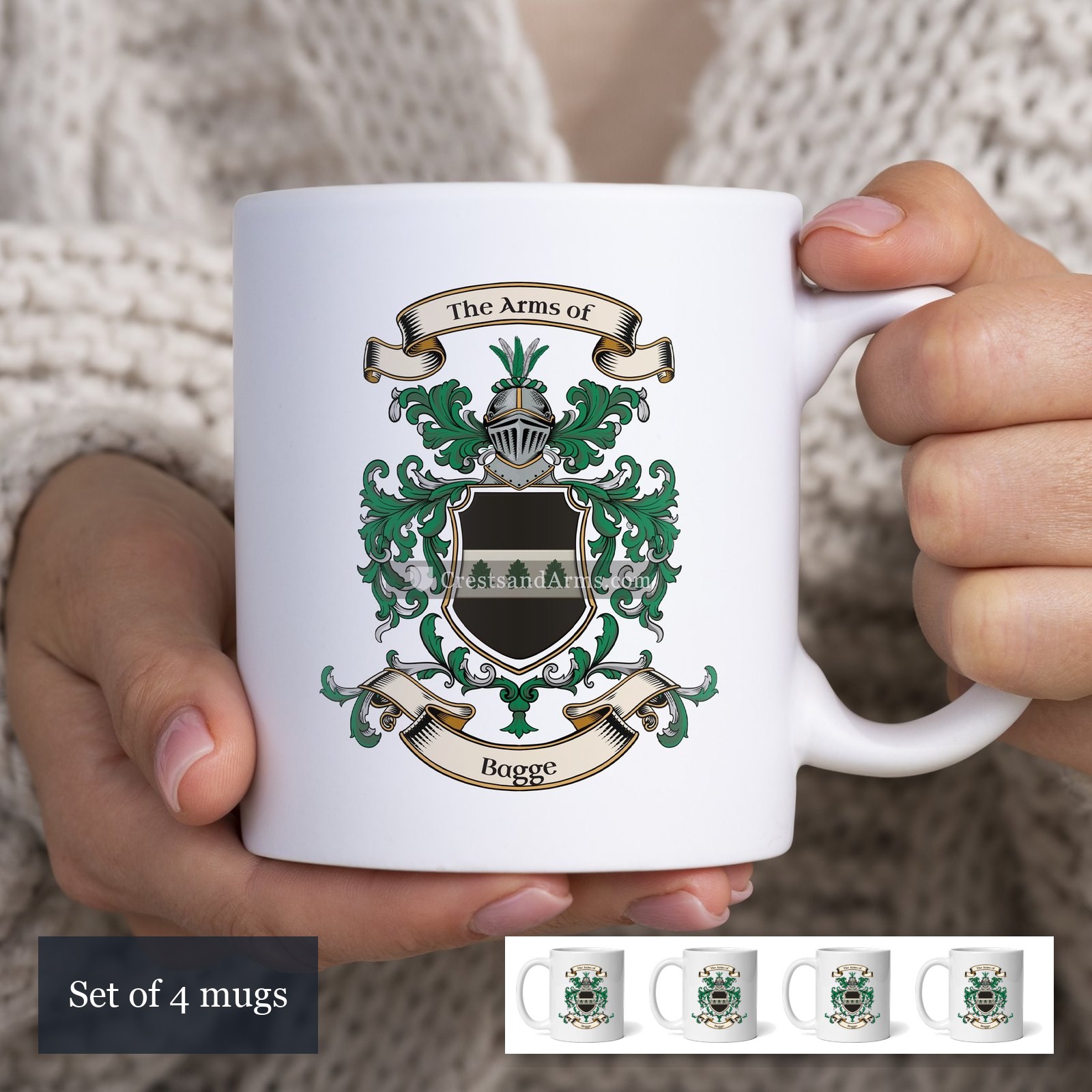 The Bagge arms on the set of 4 mugs