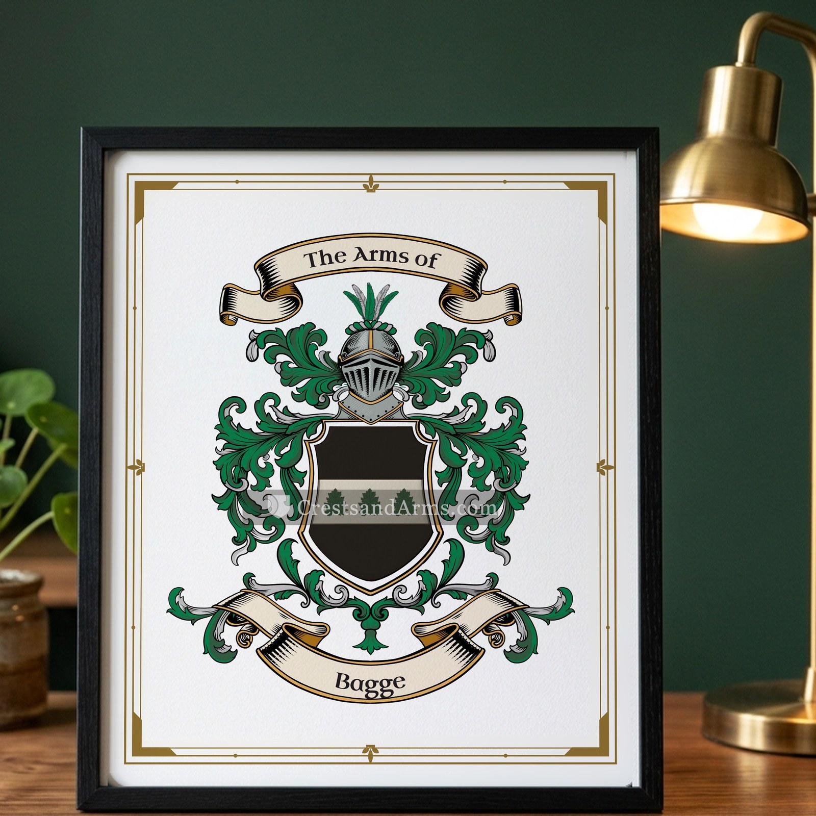 The Bagge arms on the framed, black wood