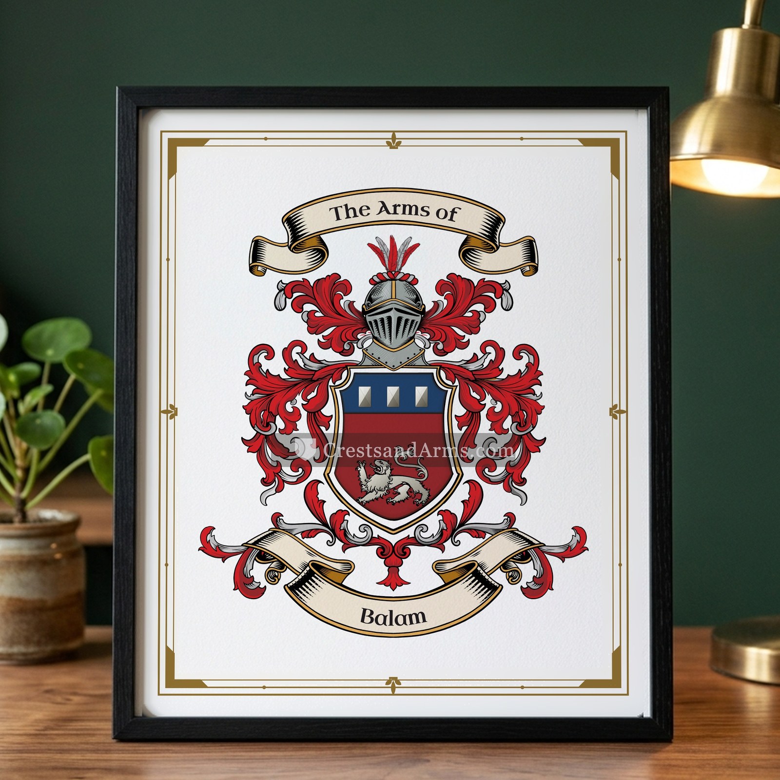 The Balam arms on the framed, black wood