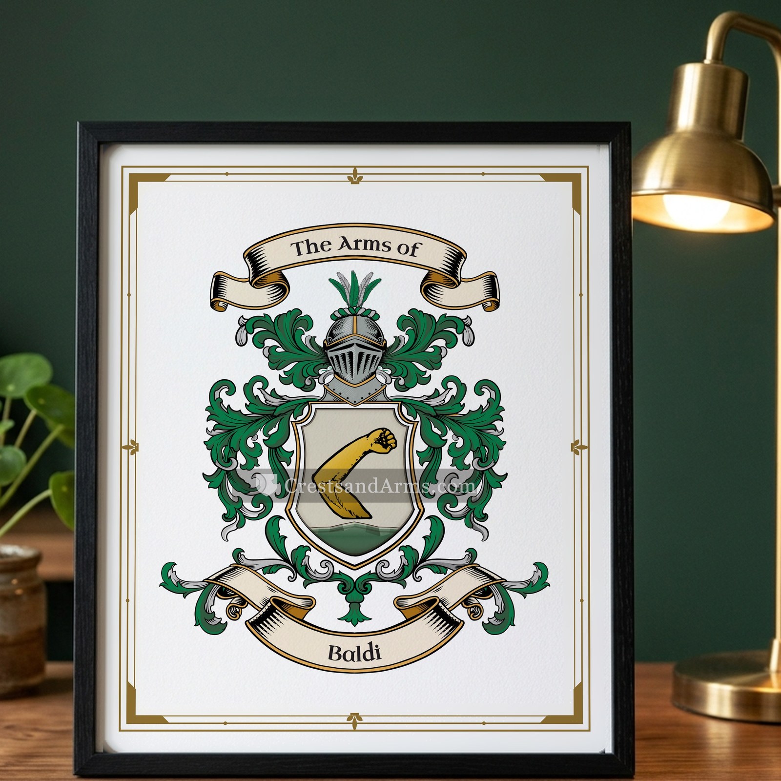 The Baldi arms on the framed, black wood