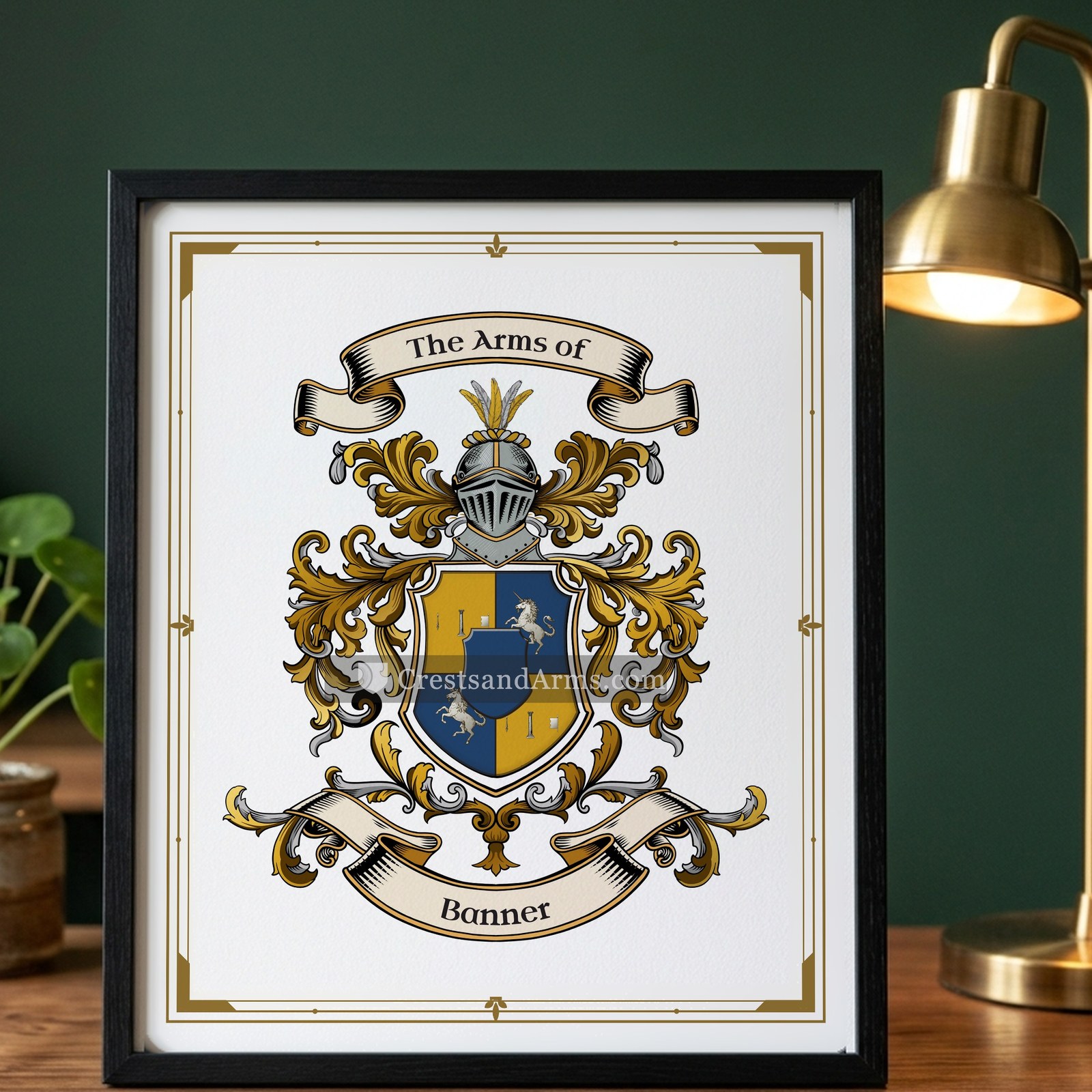 The Banner arms on the framed, black wood