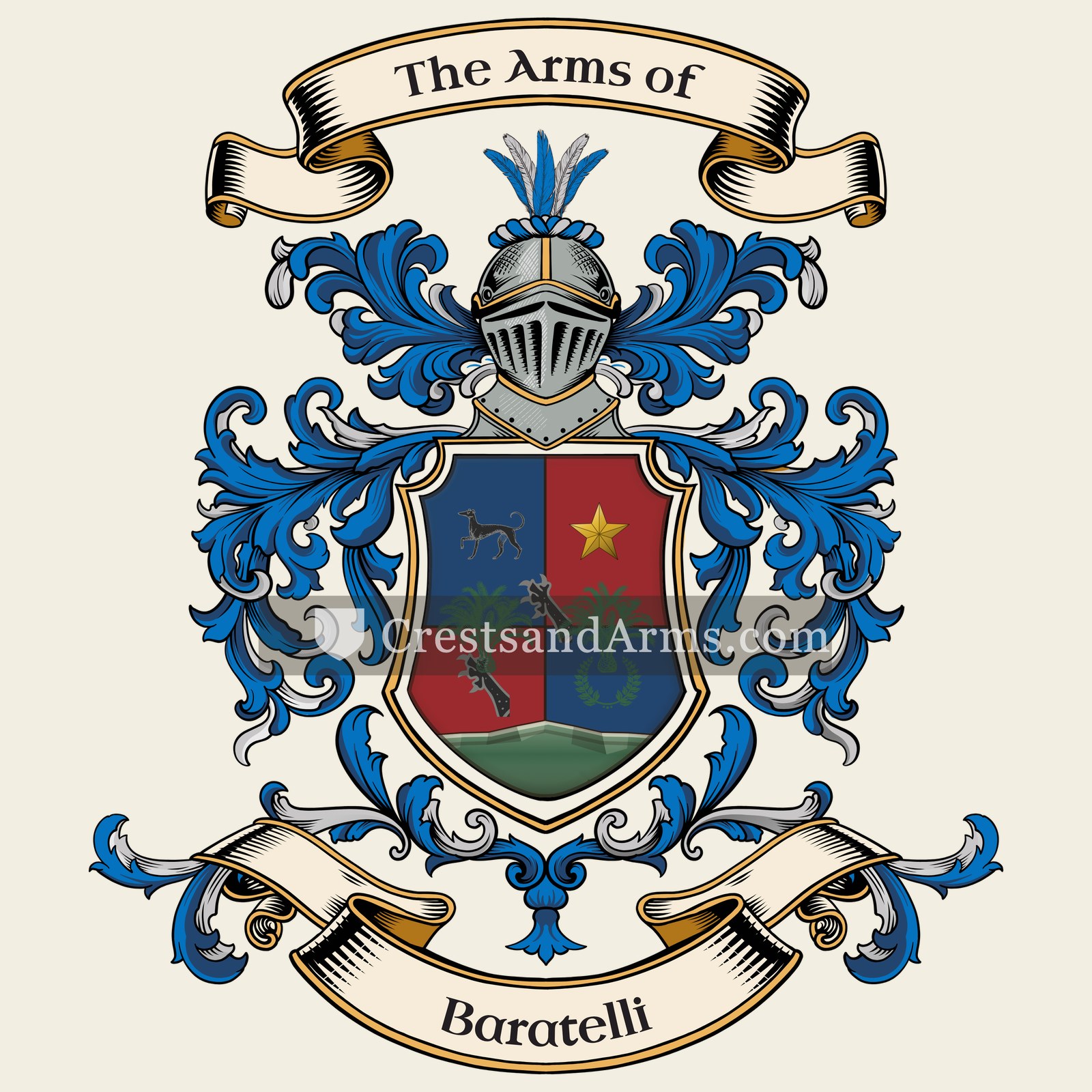 The Baratelli coat of arms, drawn from the recorded blazon