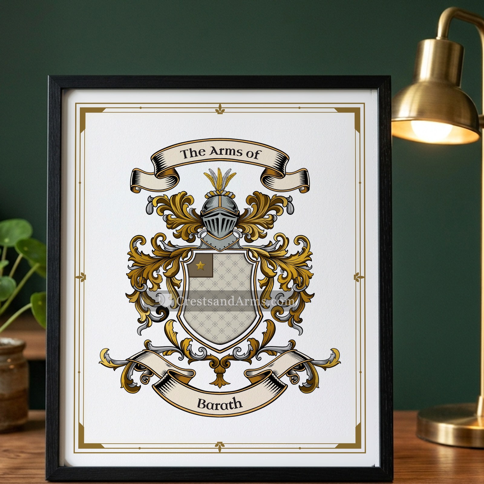 The Barath arms on the framed, black wood