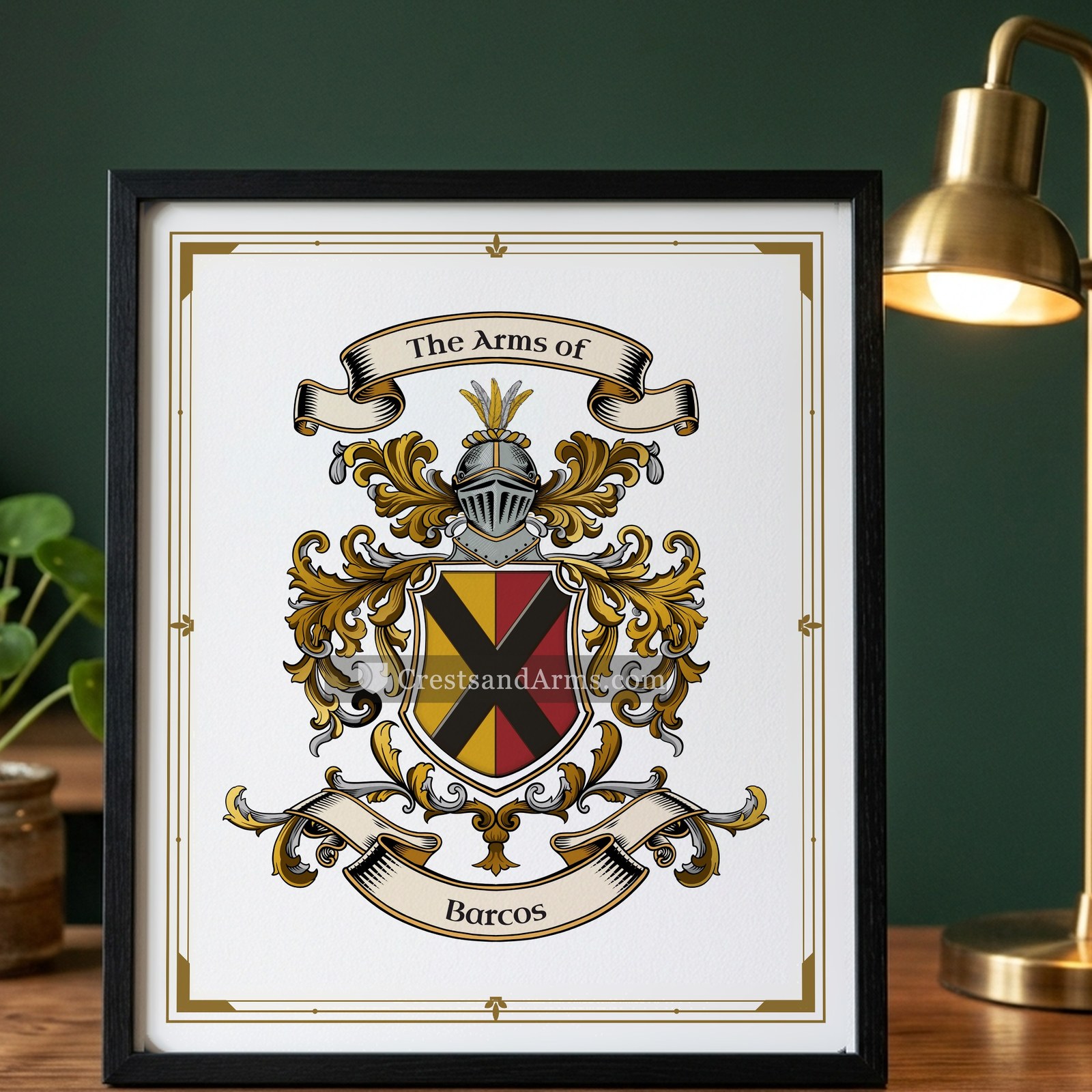 The Barcos arms on the framed, black wood
