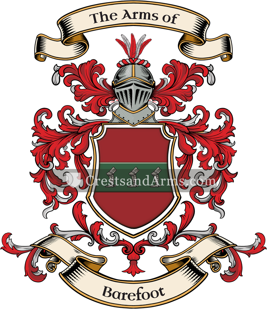 The Barefoot coat of arms, drawn from the recorded blazon